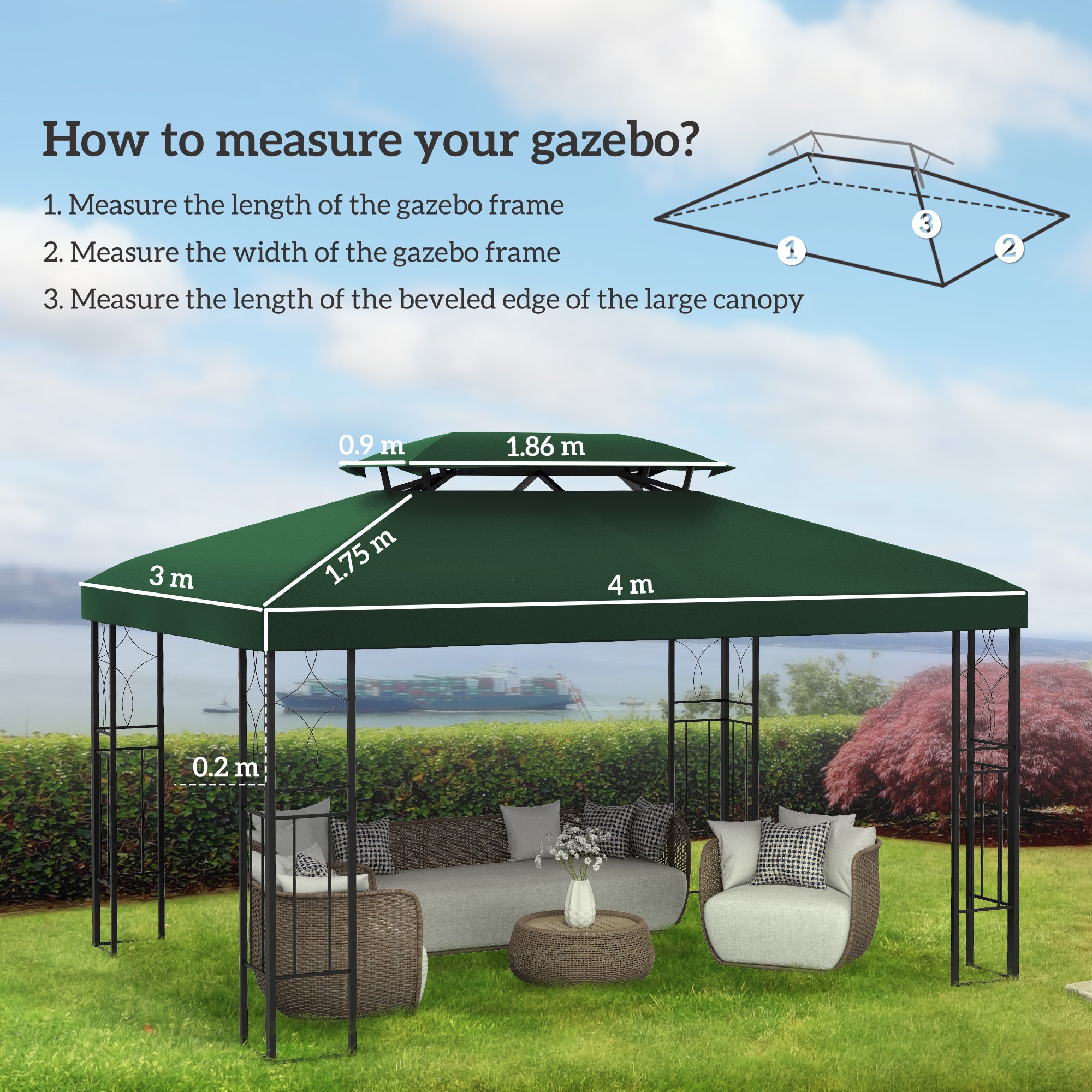 Gazebo Roof Replacement for 3x4m Frames - Durable Green Polyester