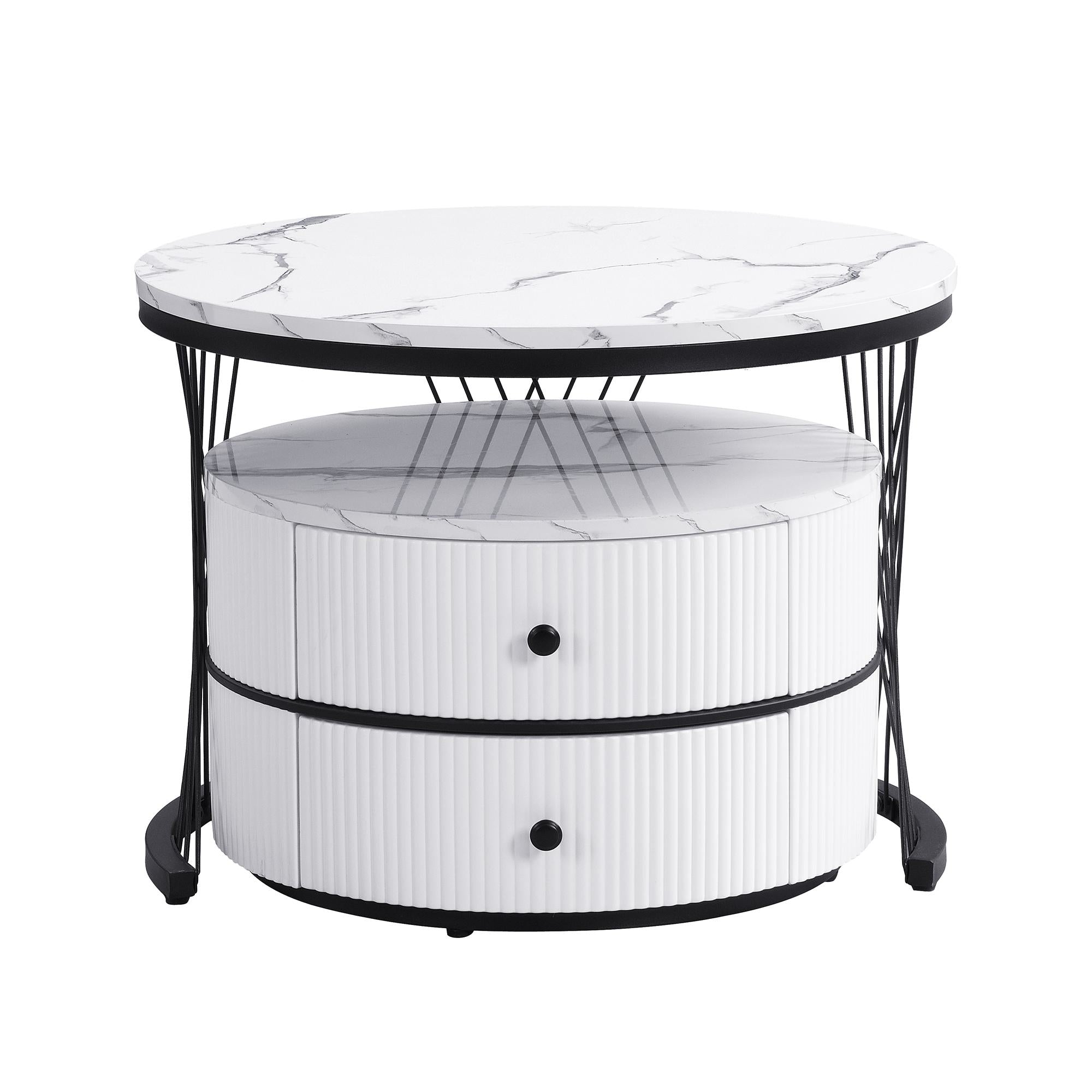 2 Piece High Gloss Round Nesting Coffee Table Set with Marble-Effect Top, Living Room Tables with Storage Drawers, White+Black
