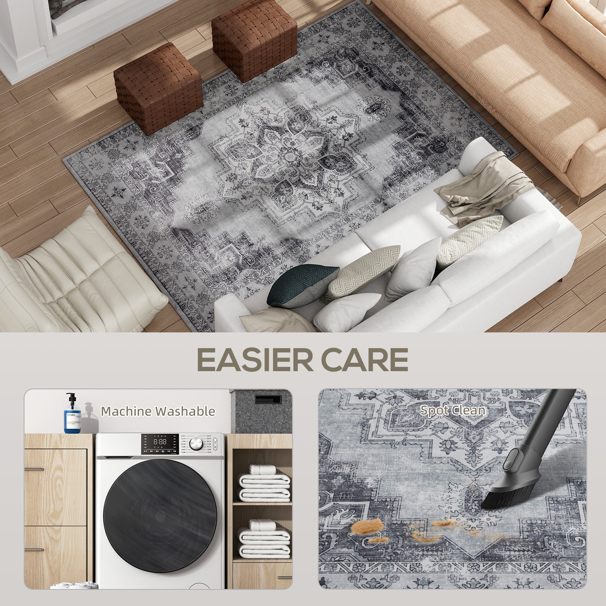 Vintage Area Rug, Non-Slip Washable Rug, Flannel Floor Carpet for Living Room, Bedroom, Dining Room, Home Office, 230 x 160 cm, Grey