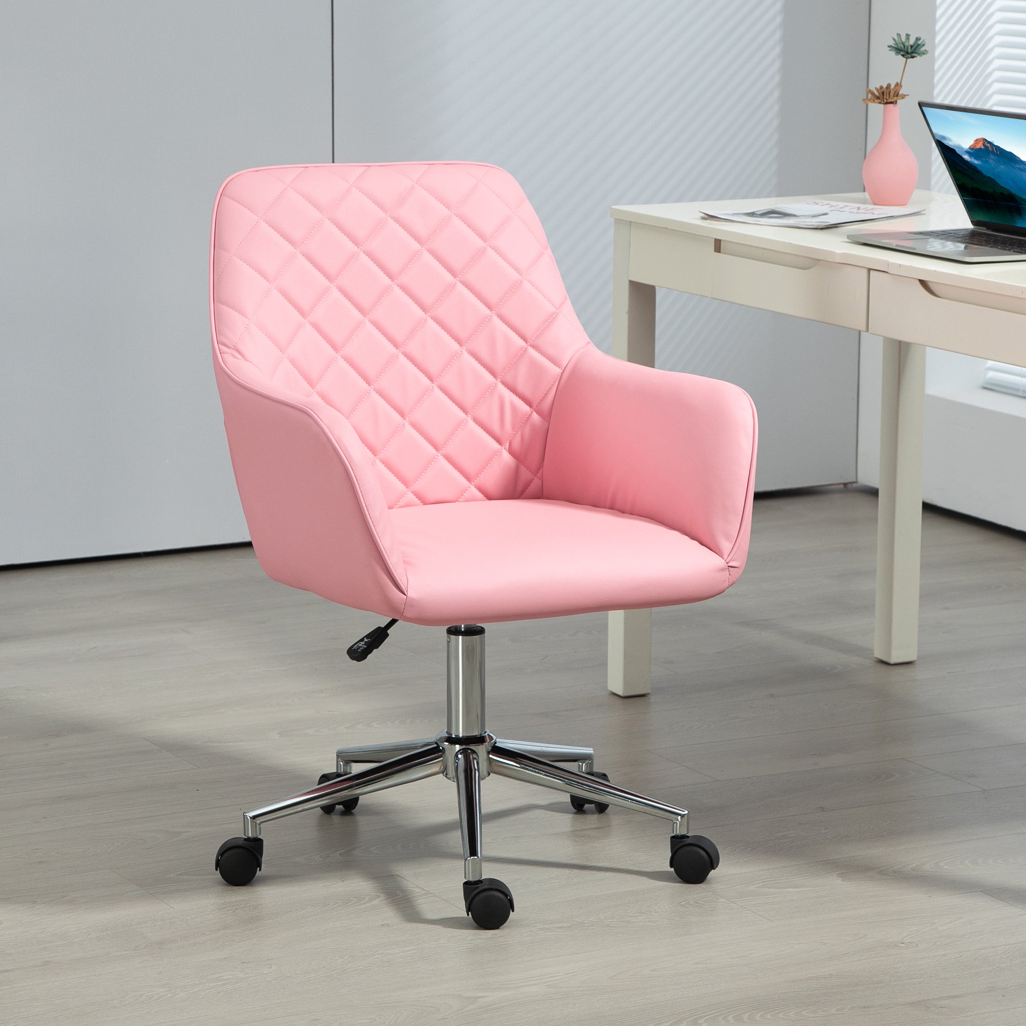 Office Desk Chair, Leather-Feel Fabric Computer Swivel Chair with Rolling Wheels and Adjustable Height for Home, Pink