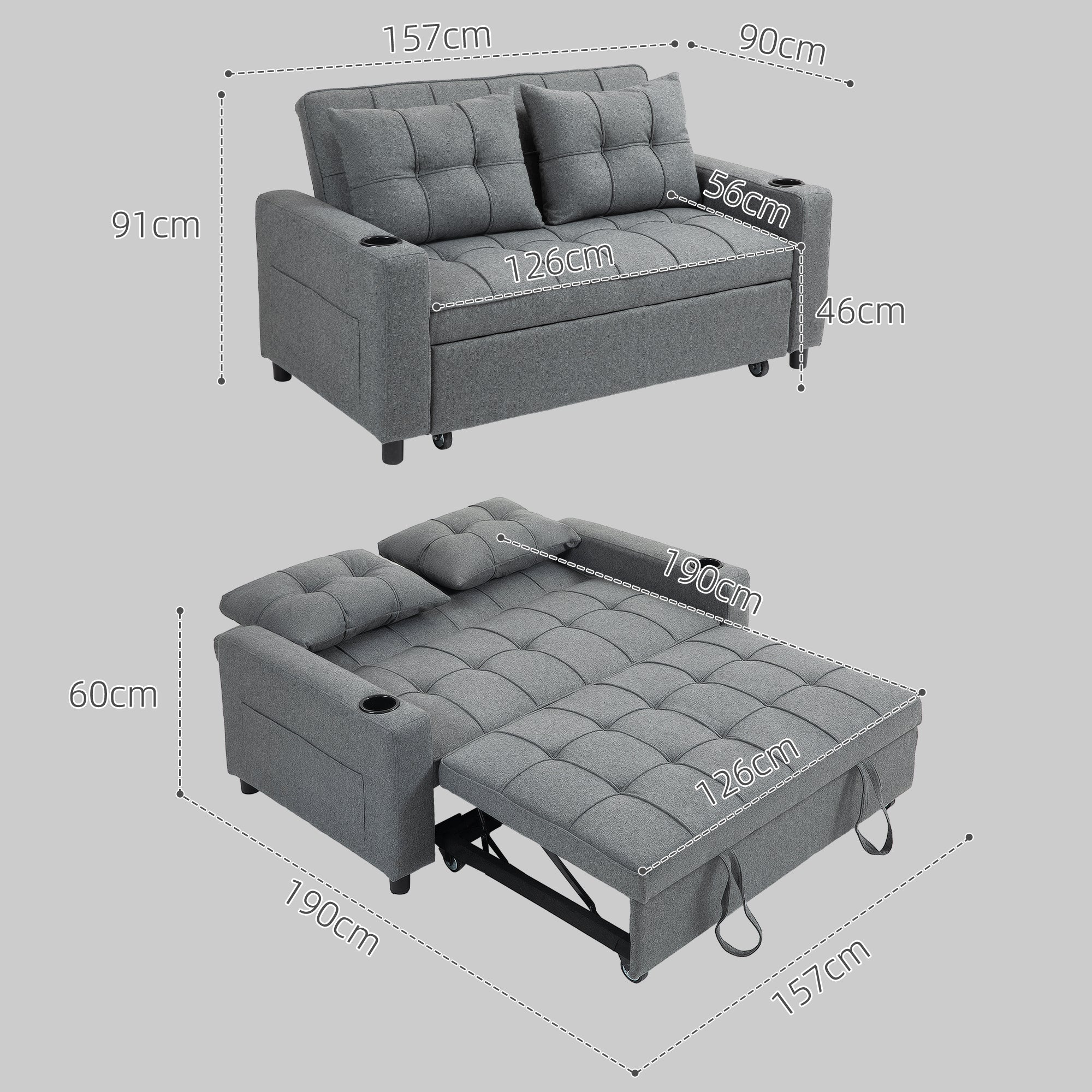 Two-Seater Pull-Out Sofa Bed - Charcoal Grey