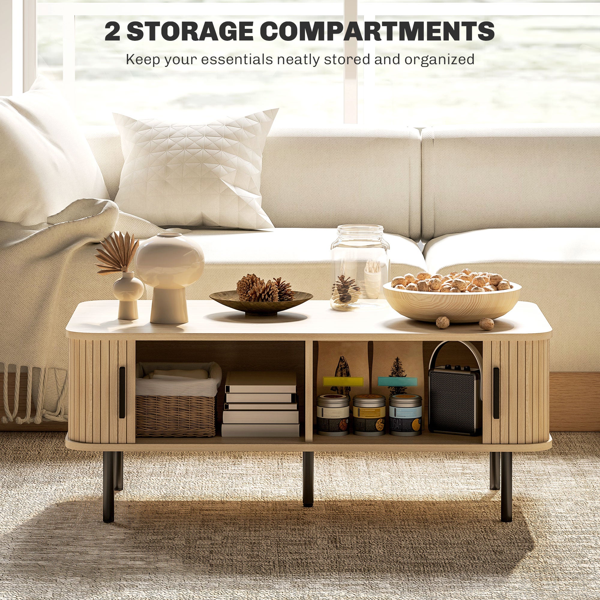 Rectangular Coffee Table with Storage and Slatted Tambour Sliding Doors, Elevated Base with Foot Pads - Oak