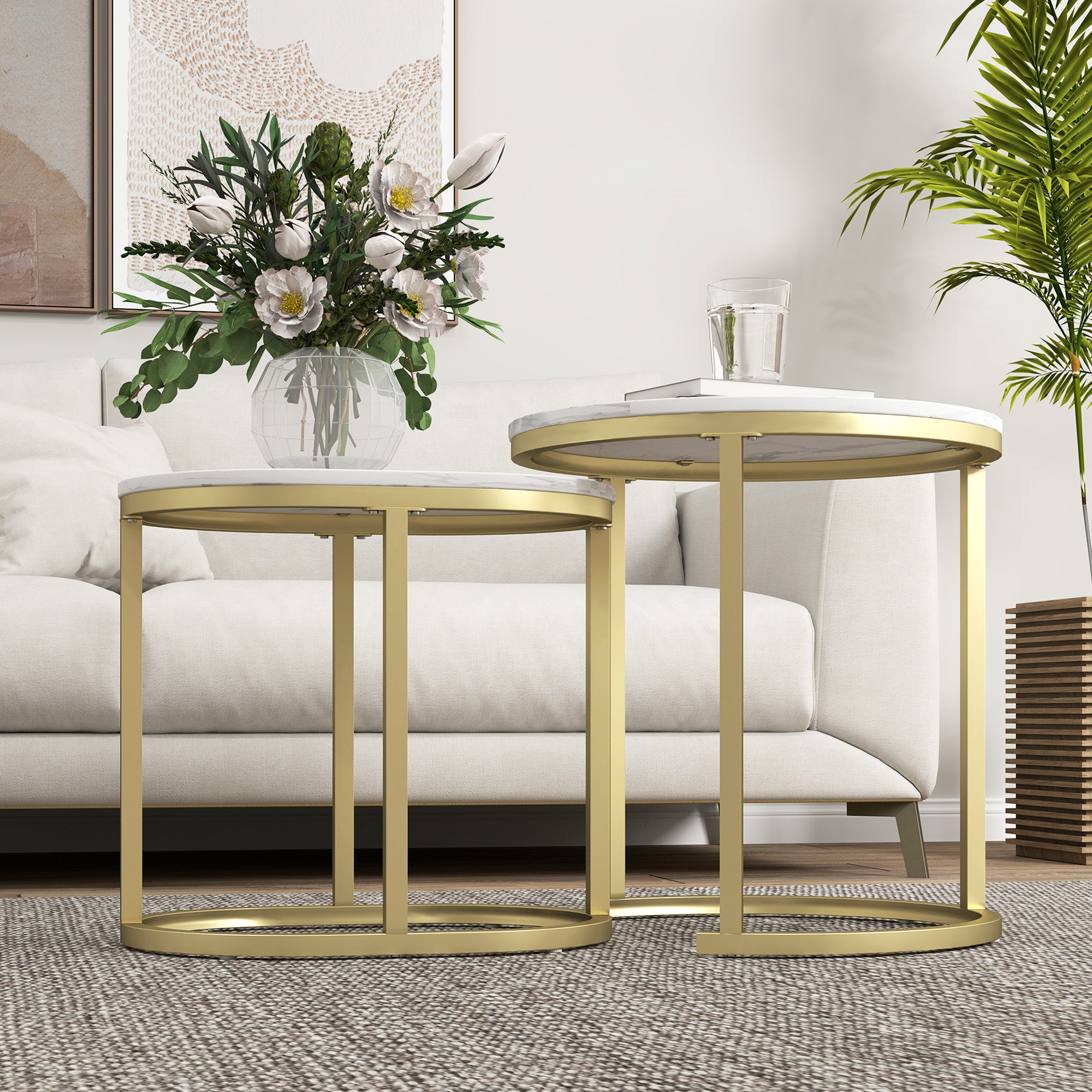 Marble-Effect Nest of 2 Tables with Gold Tone Frame - White