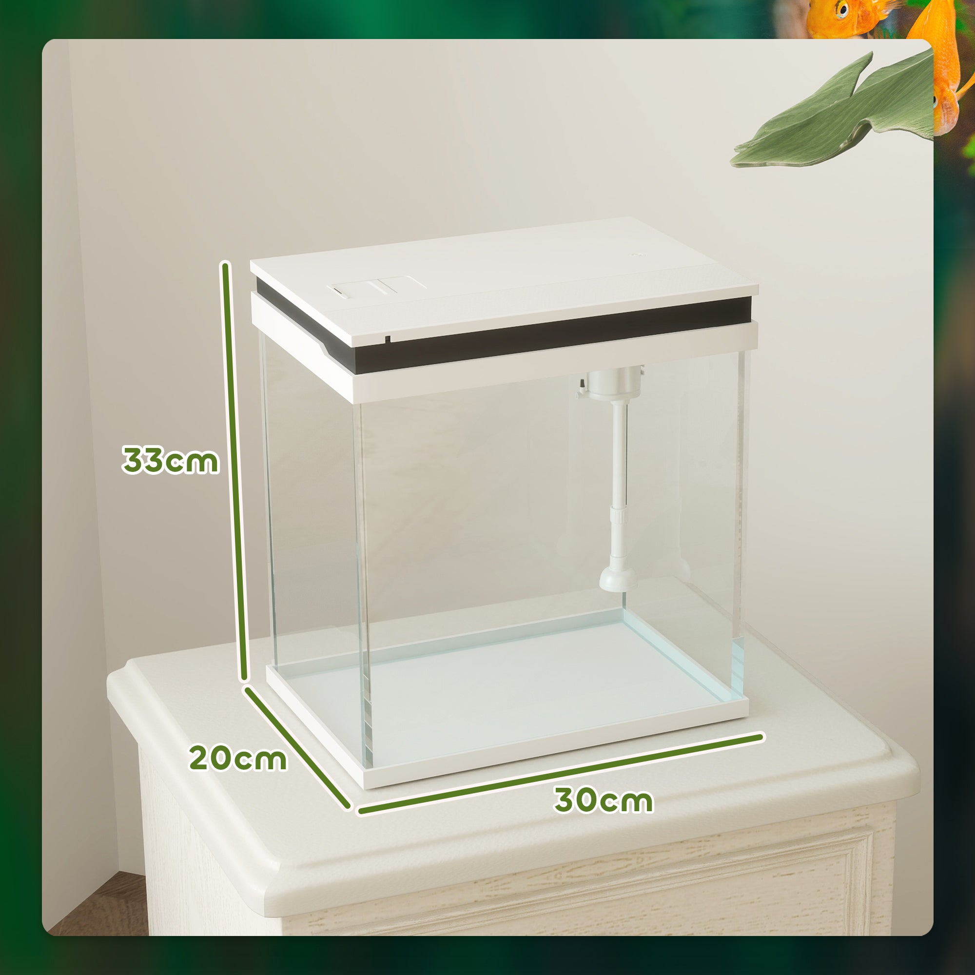 14L Glass Fish Tank with Filter System, LED Lights, Water Pump, White