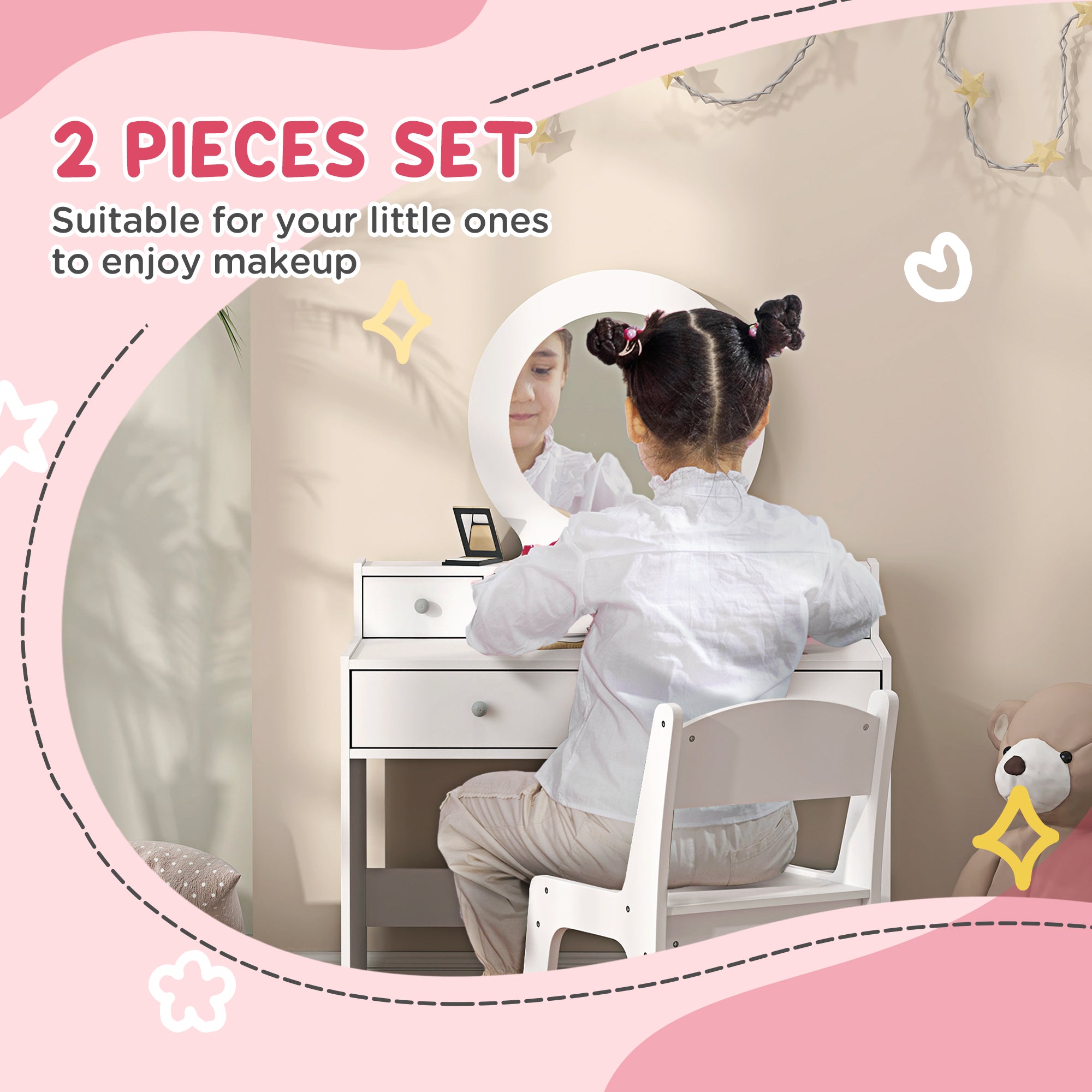 Kids Dressing Table Set Kids Make up Table with Stool and Mirror, Storage Drawers, Gift for Aged 3-8