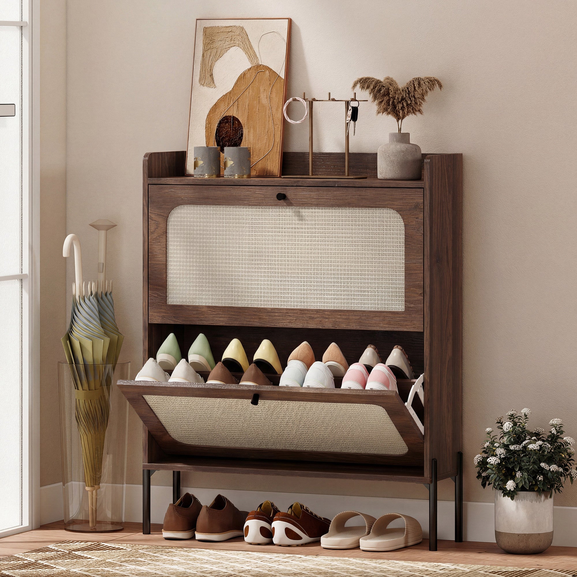 Shoe Cabinet with 2 Flip Drawers, Boho Narrow Shoe Storage Cabinet, Dark Brown