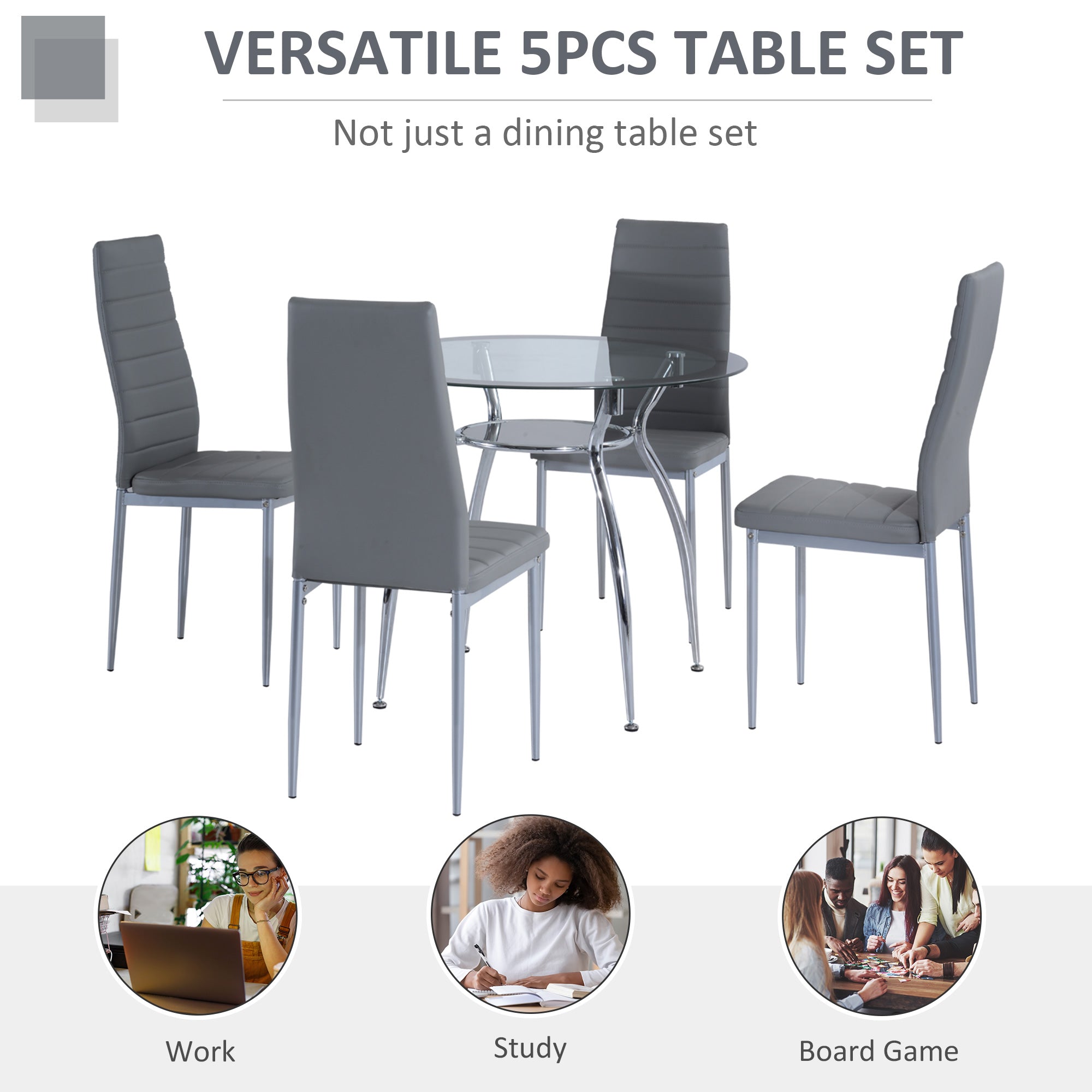 Five-Piece Dining Set, with Padded Chairs and Glass-Top Table - Grey