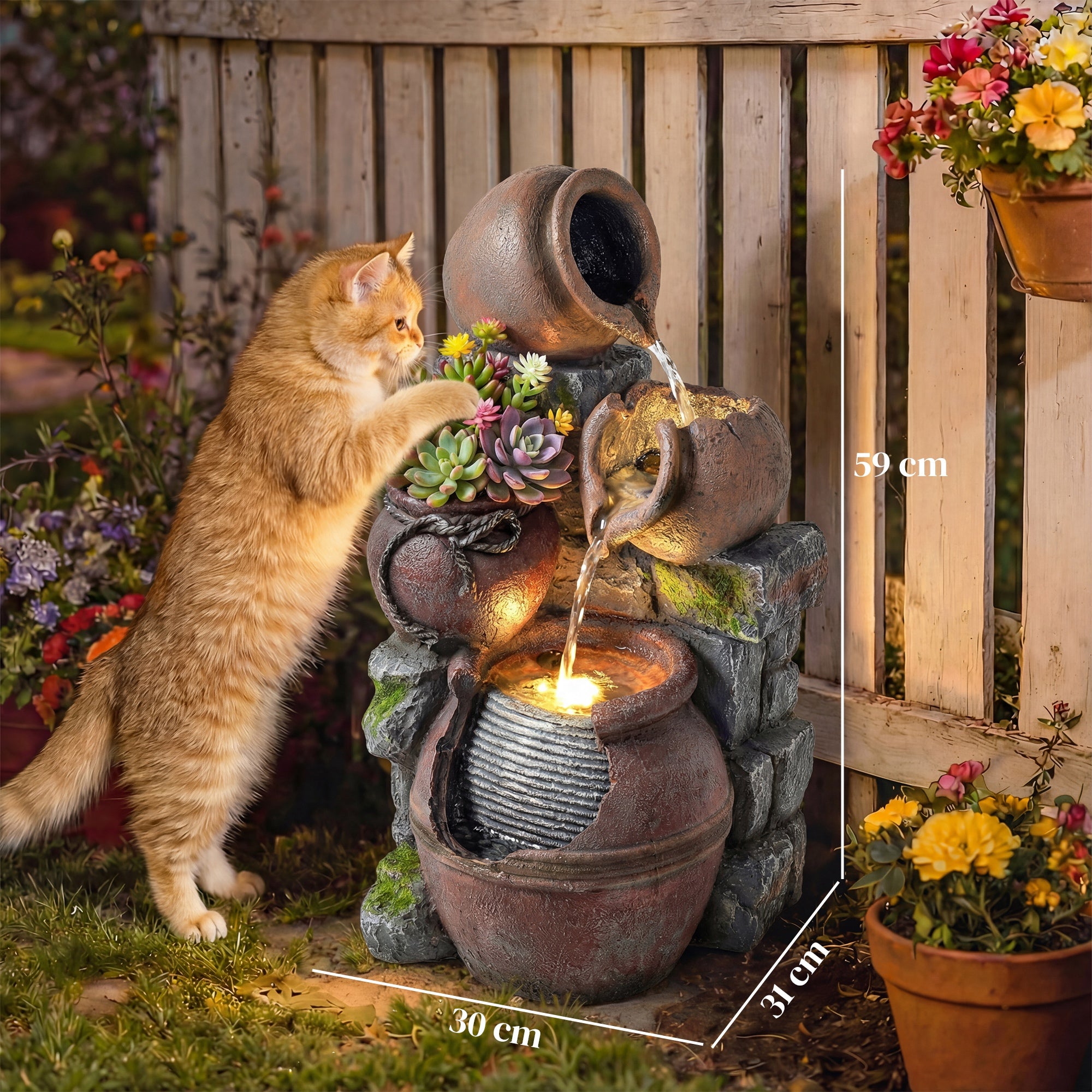Outdoor Fountain with 4-Tier Rustic Pots & Planter, Garden Fountain with LED Lights, Rustic Brown