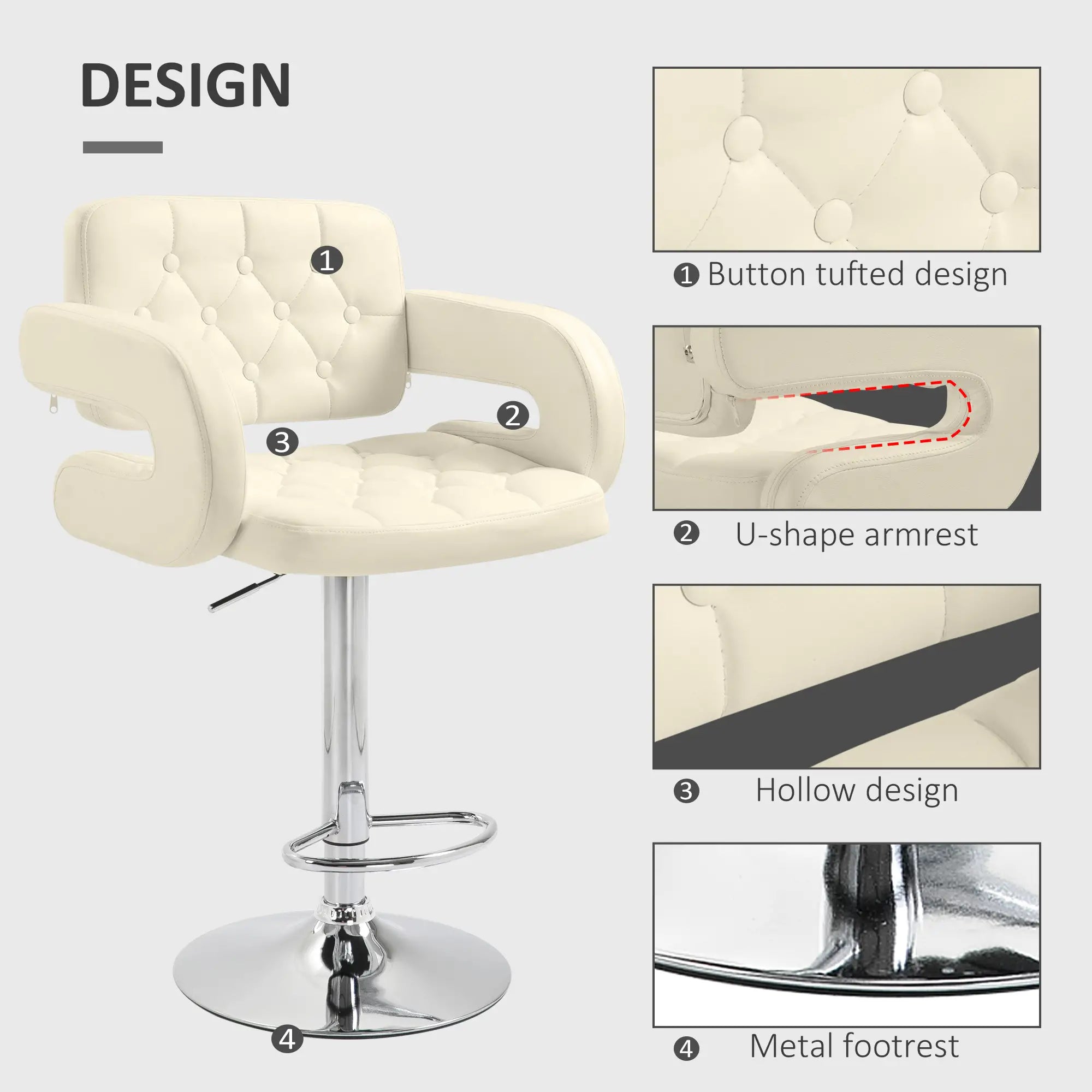 PU Leather Adjustable Swivel Bar Stool with Back, Armrest & Footrest - Cream White