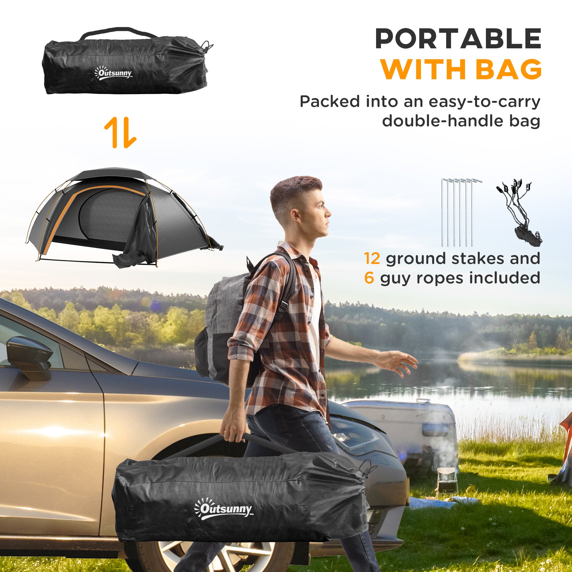 Camping Tent with Self Inflatable Mattress, 1 Person Dome Tent with Removable Rainfly and Aluminium Frame, 2000mm Waterproof, Portable with Bags, for Fishing Hiking, Dark Grey/Grey