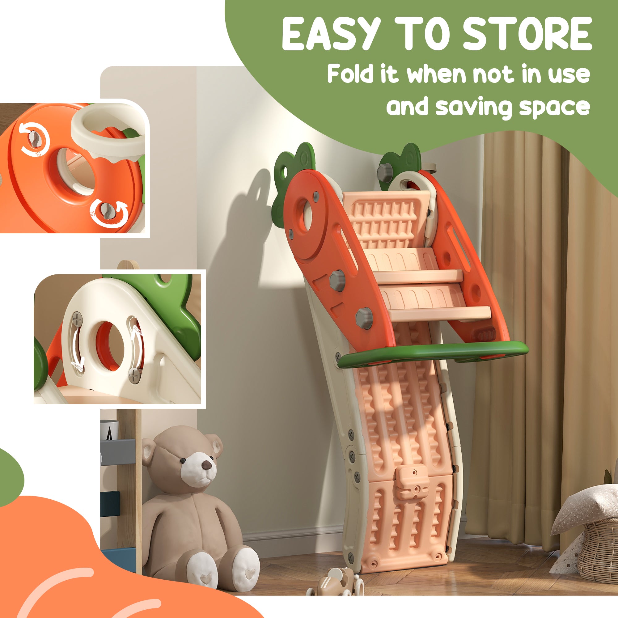 3 in 1 Foldable Toddler Slide with Basketball Hoop, Climber, Carrot-themed, for 1-3 Years