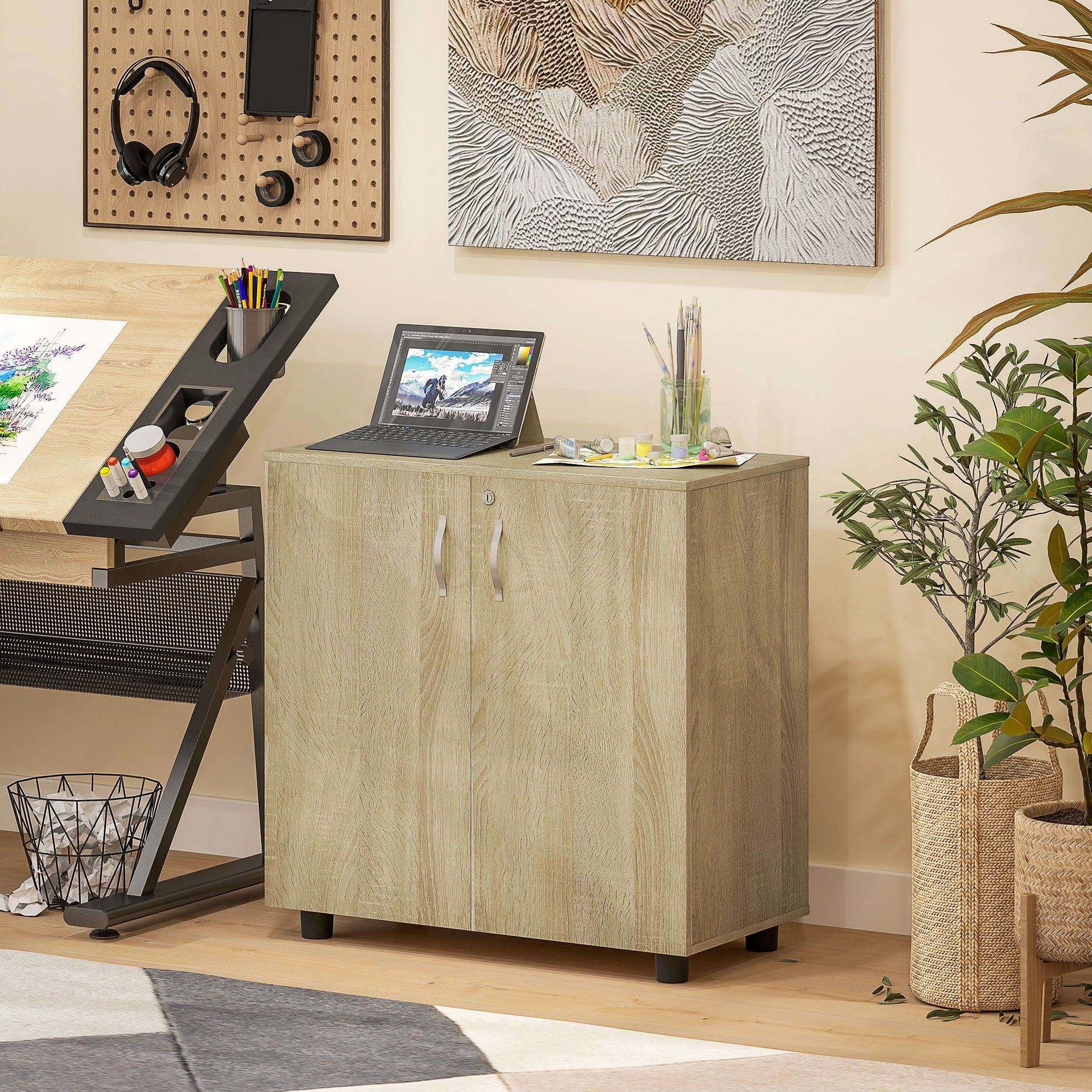 Two-Tier Locking Office Storage Cabinet with Keys - Oak