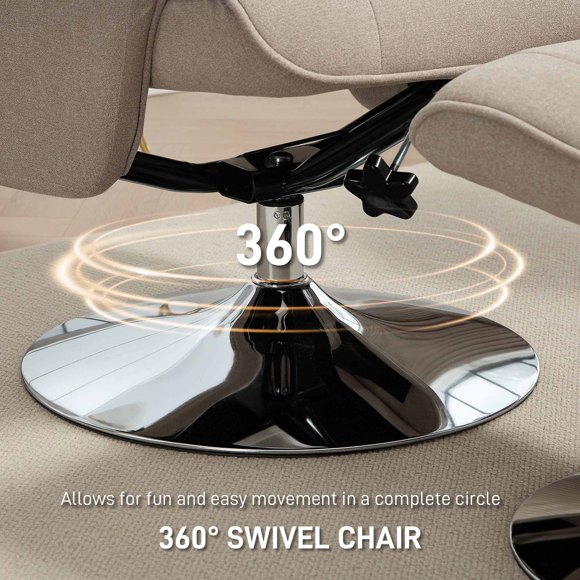 Swivel Recliner Chair with Footstool, Velvet Recliner Armchair with Ottoman, Steel Base, Upholstered Reclining Chair for Living Room, Bedroom, Office, Beige