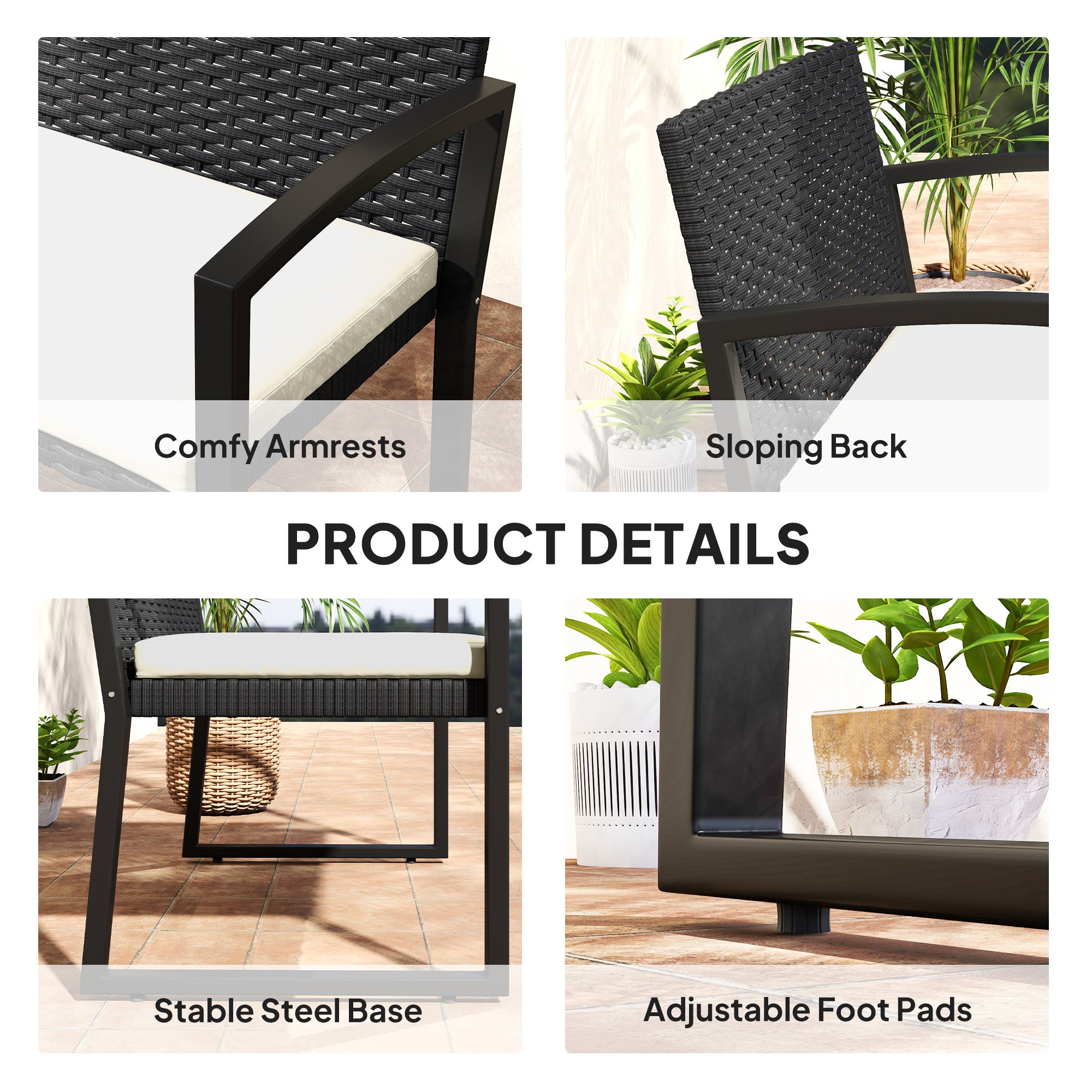 Two-Seater Rattan Garden Bench with Cushion - Beige/Black