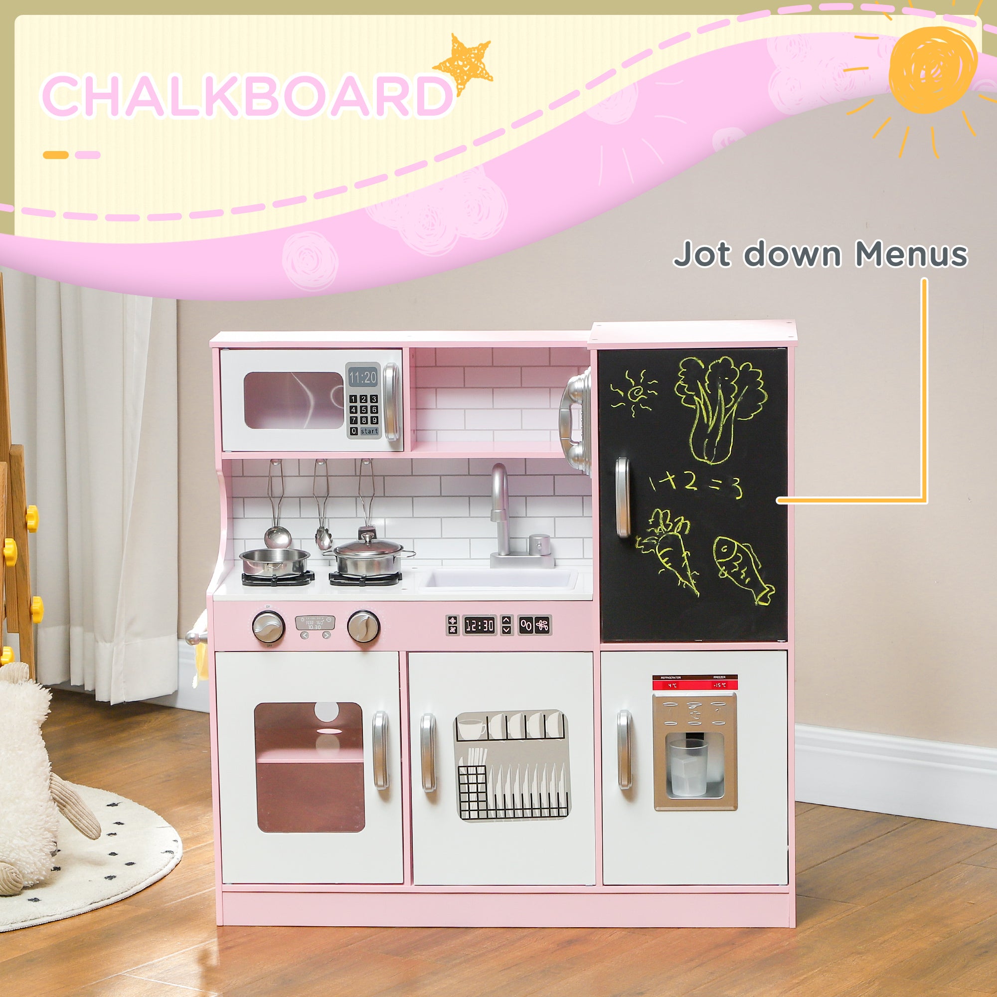 Pretend Play Kitchen Kids Kitchen Playset w/ Toy Phone, Chalkboard, Microwave, Cooking Stove, Sink