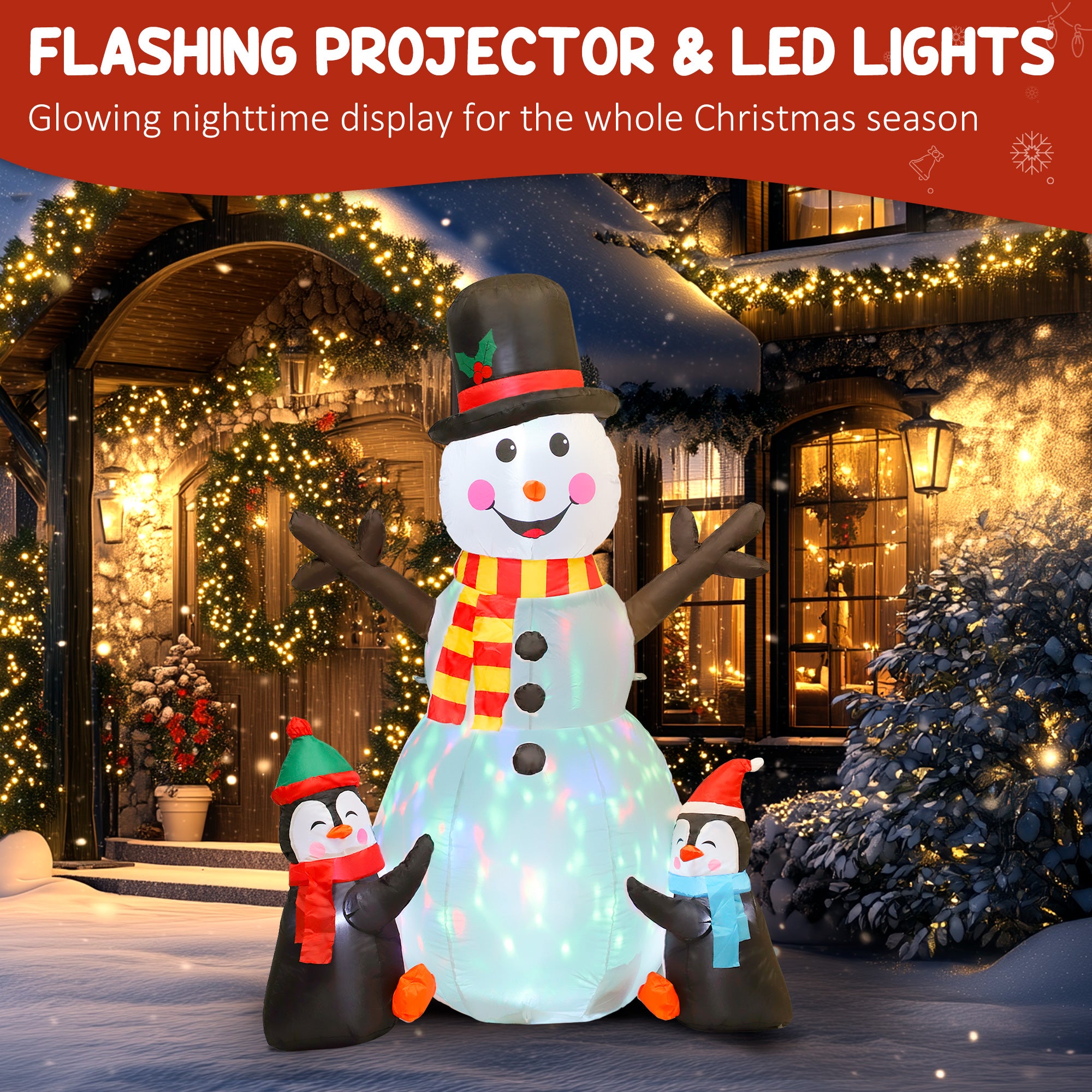 6FT Christmas Inflatables Snowman & Penguins with Built-in LED Lights and Flashing Projector Light, Blow Up Christmas Inflatable Decoration for Indoor Outdoor Decor, Garden