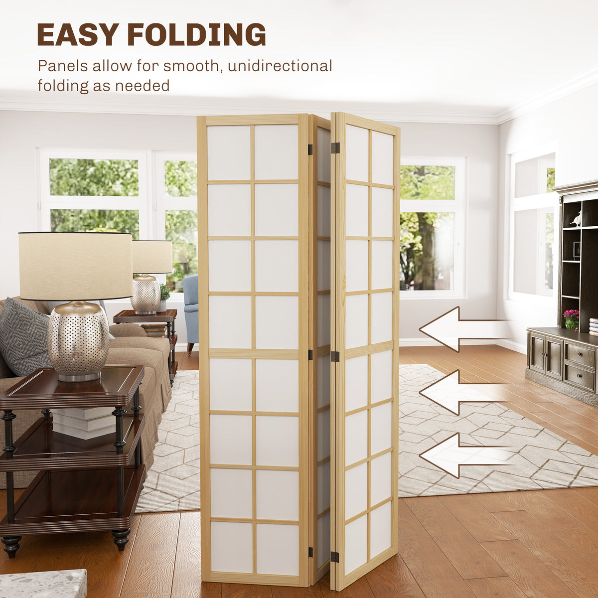 4 Panel Folding Room Divider 160x170cm Freestanding Privacy Screen - Natural Wood Finish