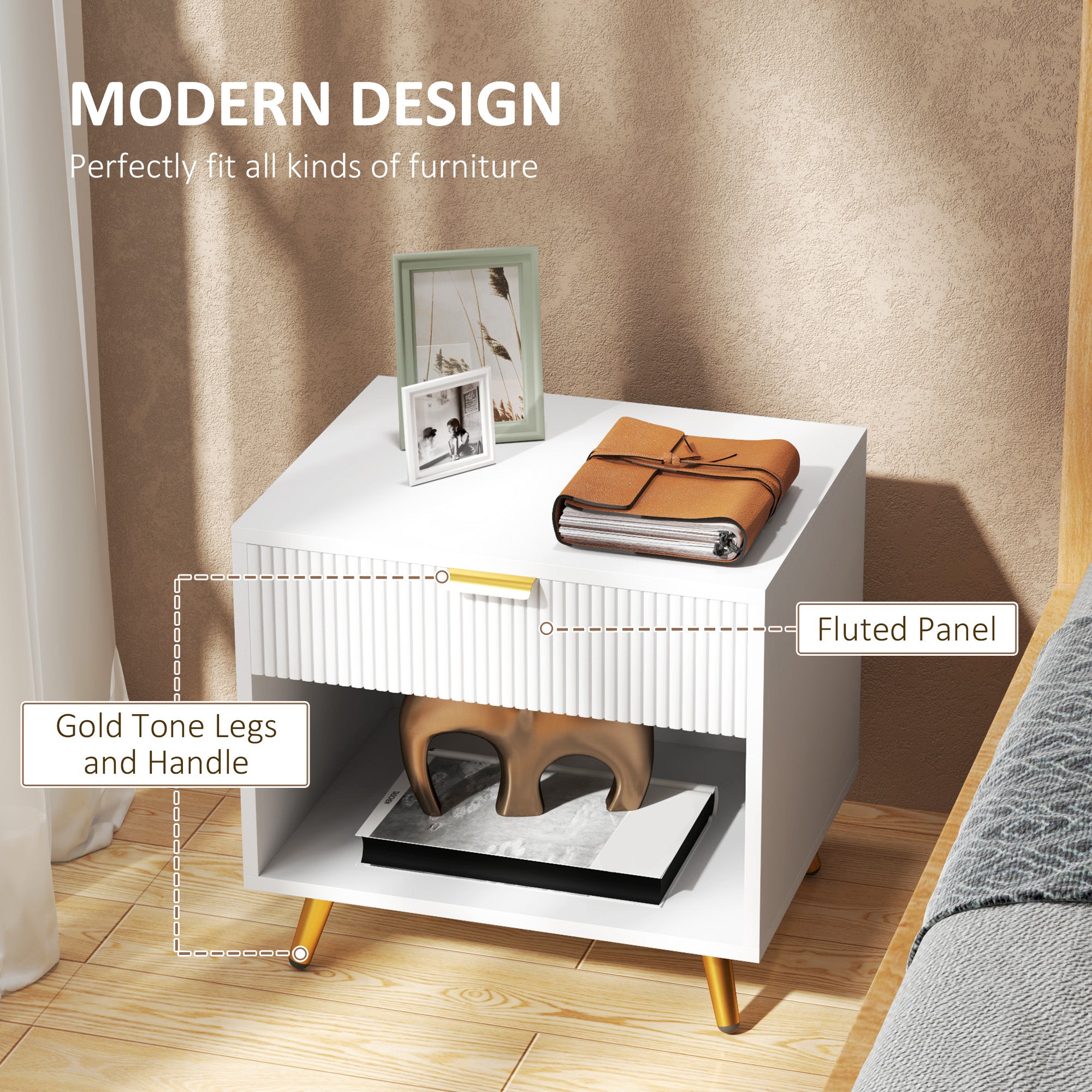 Elegant Bedside Table, with Drawer and Shelf - White/Gold Tone