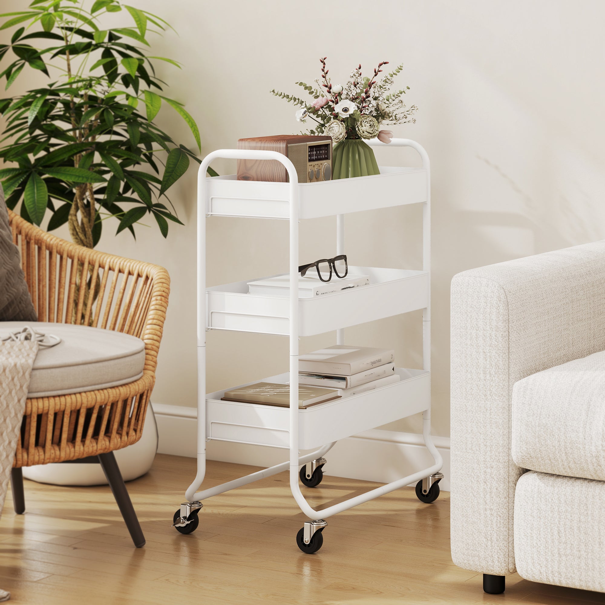 3-Tier Storage Trolley on Wheels, Rolling Utility Cart with Mesh Backets for Kitchen, Bathroom, Bedroom, White