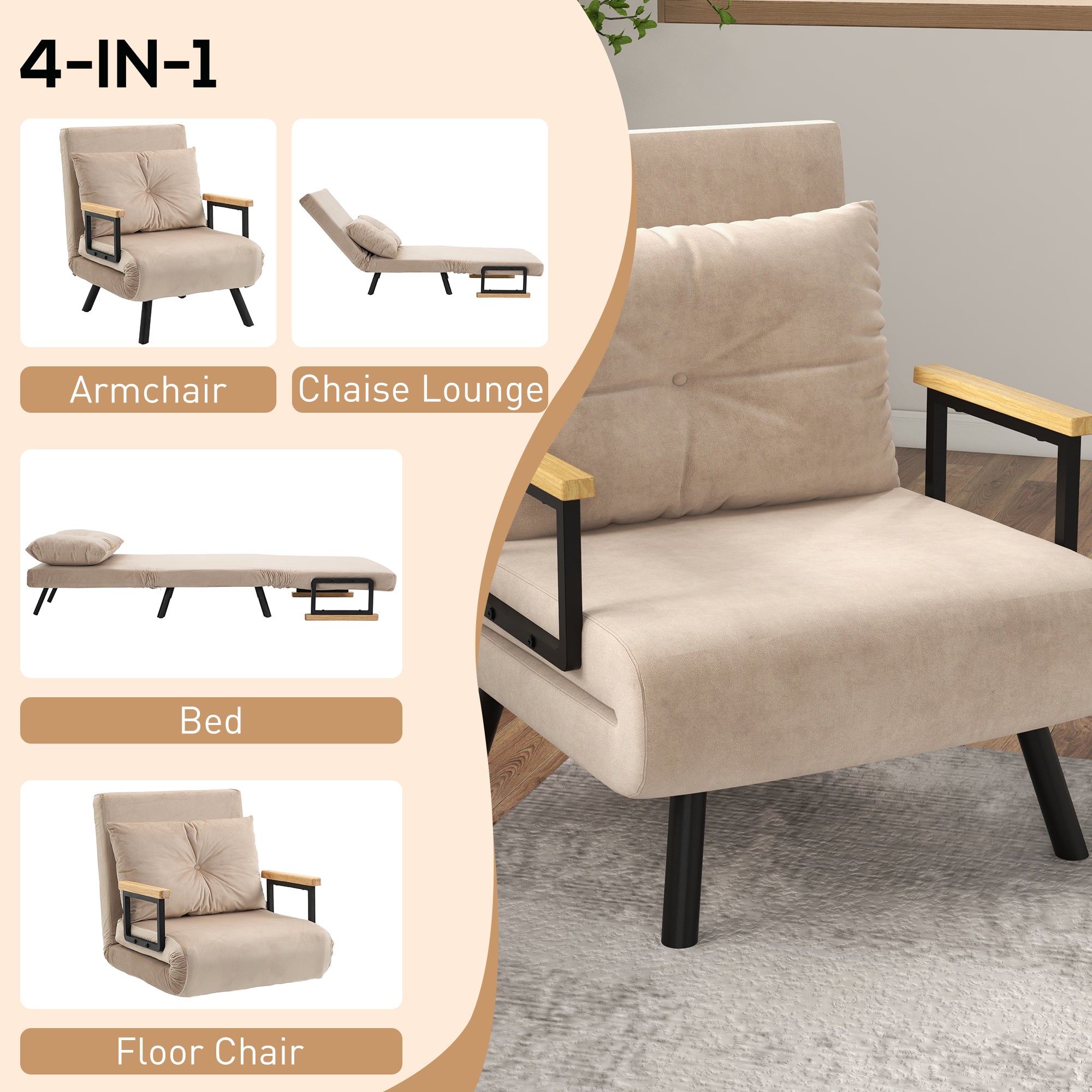 4-in-1 Velvet-Feel Single Chair Bed, with Pillow - Beige