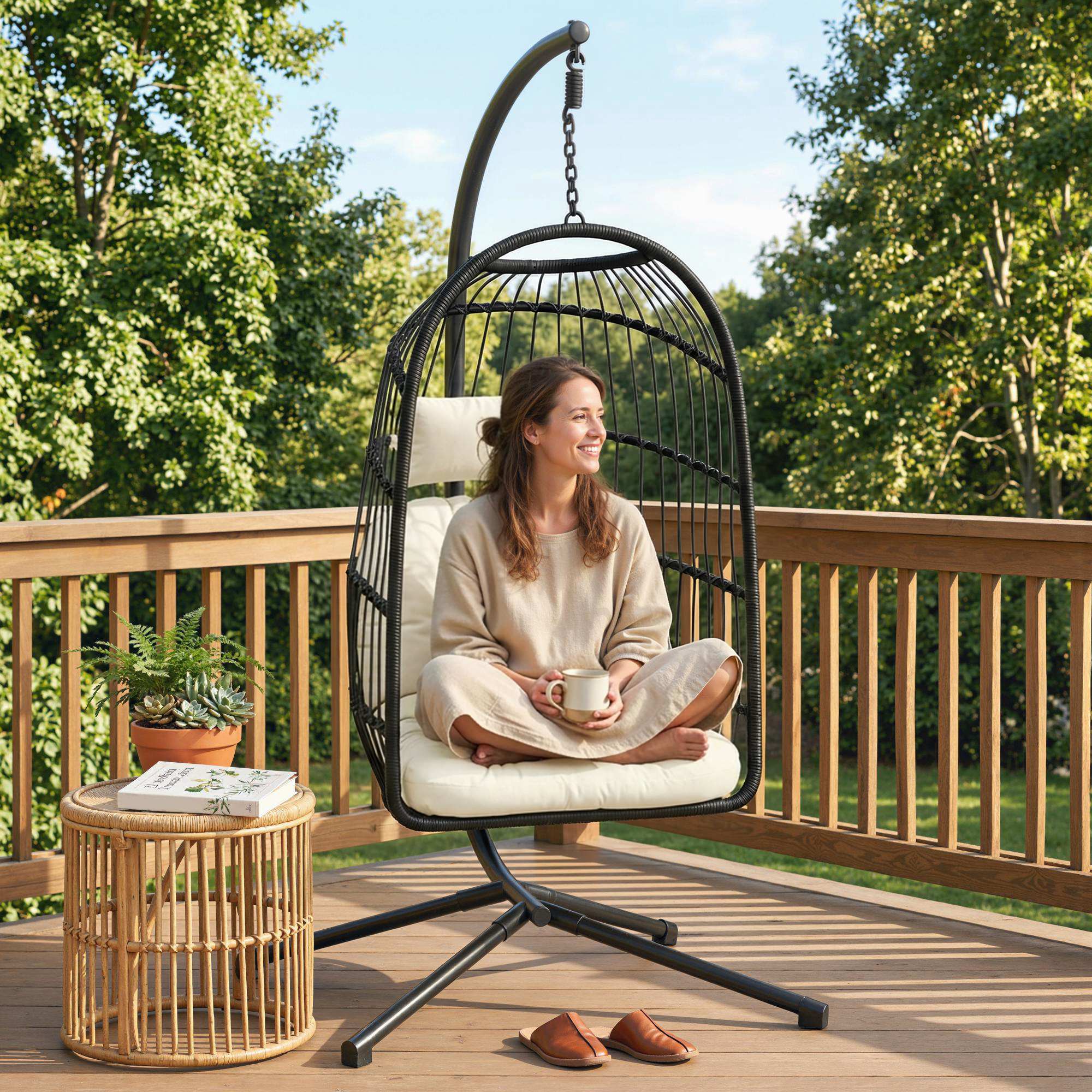 Hanging Egg Chair, Indoor Outdoor Hammock Swing Chair with Stand, Safety Strap, Foldable Basket, Black/Cream White