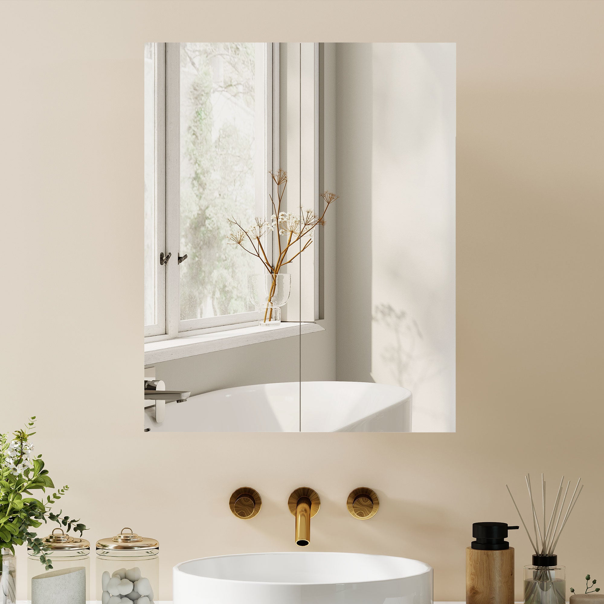 Wall Mounted Bathroom Mirror Storage Cabinet w/ Door Adjustable Shelf, White