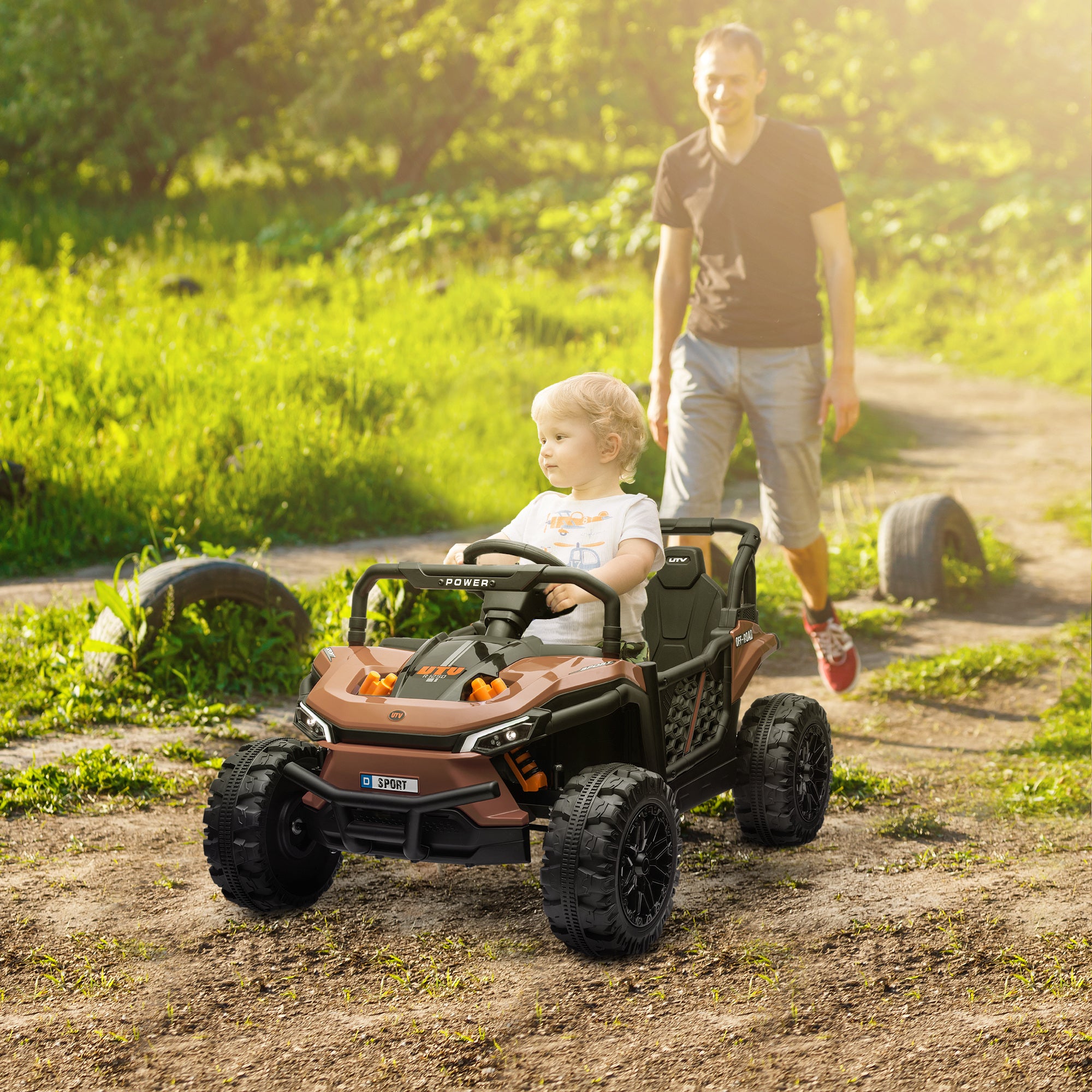 12V Battery Powered Ride on Truck w/ Remote, 4 Suspension Wheels, Horn Lights Music USB, for 3-5 Years Old - Brown