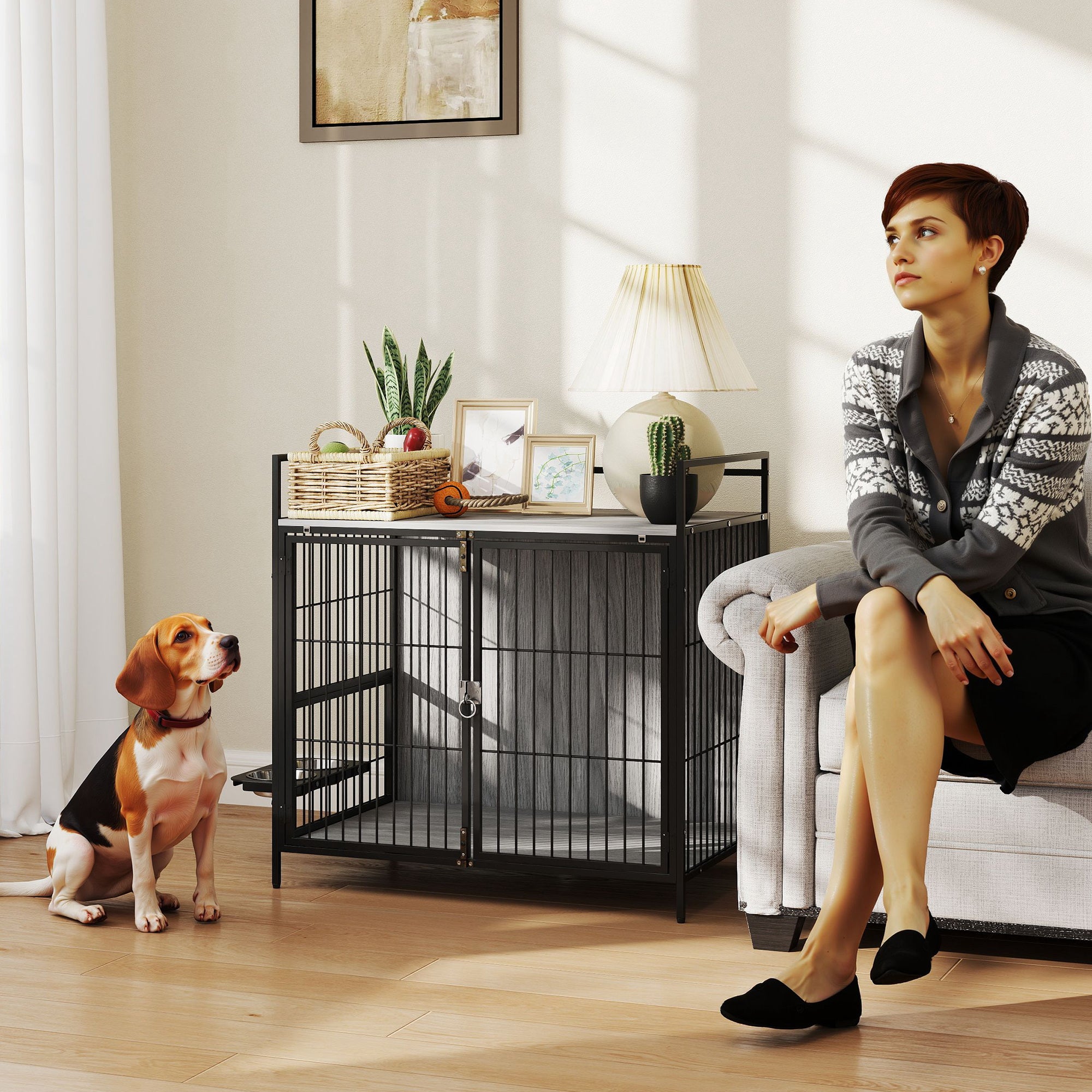 Dog Crate Furniture with Rotating Bowl Holder, 2 Bowls, 2 Doors, for Medium Dogs, 80 x 56 x 76.5 cm, Grey