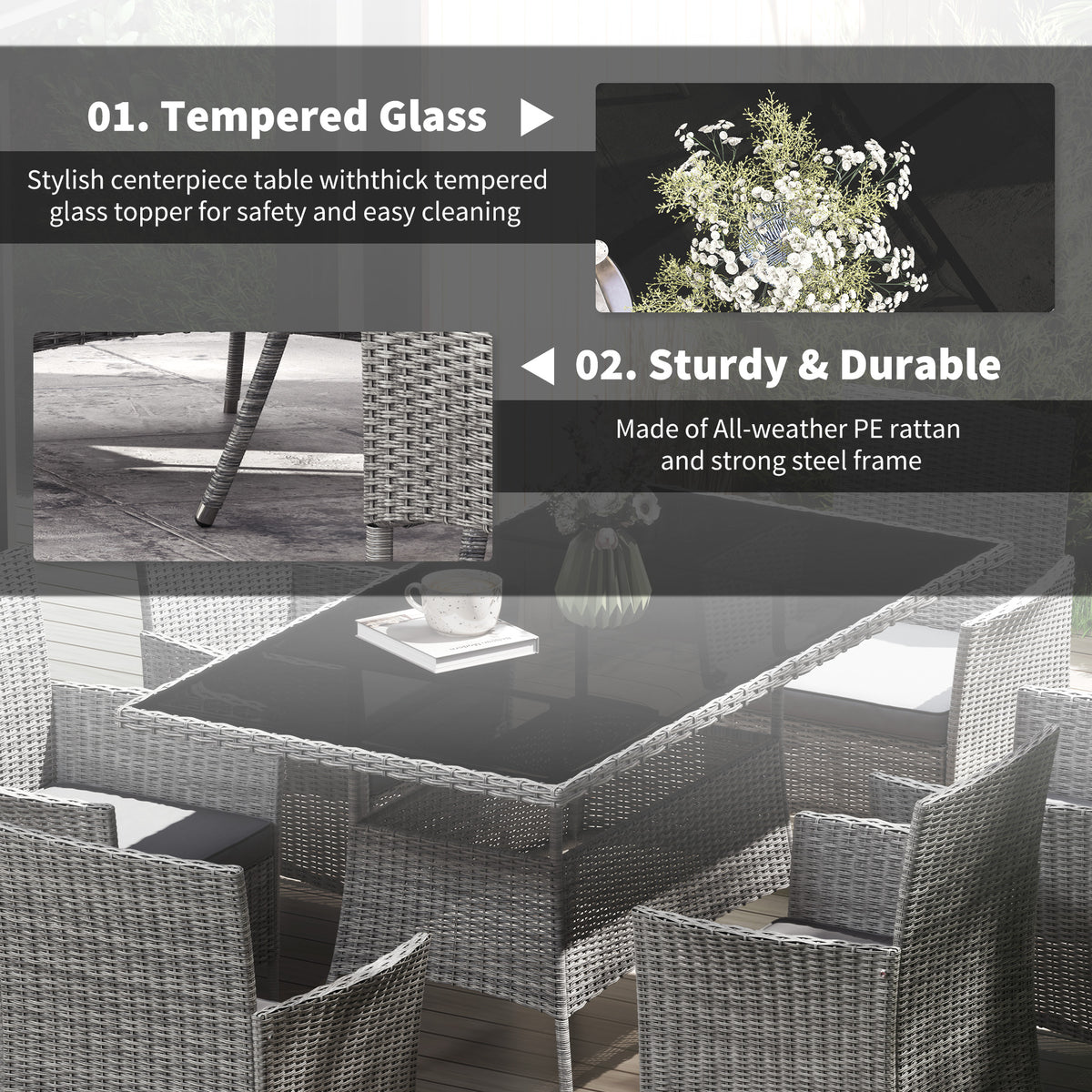 7-Piece 6-Seater Rattan Garden Dining Set with Cushions and Rectangular Glass Table - Charcoal Grey
