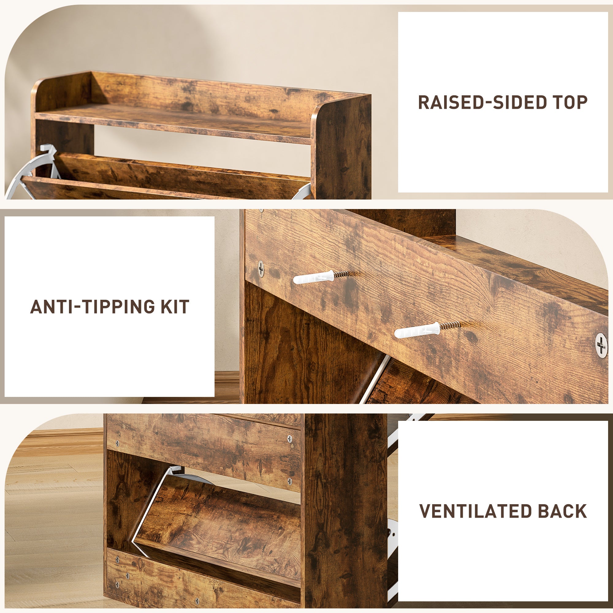 Two Flip Drawer Narrow Shoe Cabinet with Adjustable Shelves - Rustic Brown