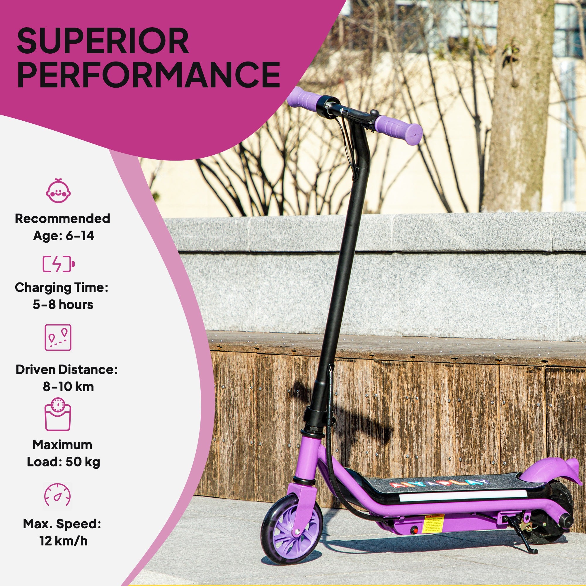 Electric Scooter for Kids Ages 6-14, with Dual Brakes, Flash Wheel and Colourful Light, Kids Electric Scooter E Scooter, Up to 12 KM/H & 10 KM, Purple