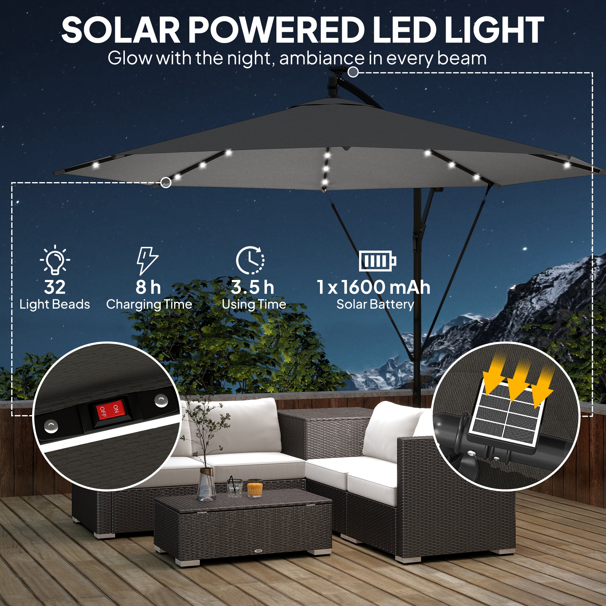 3 m Cantilever Parasol with Solar LED Lights Garden Umbrella with Cross Base, Black
