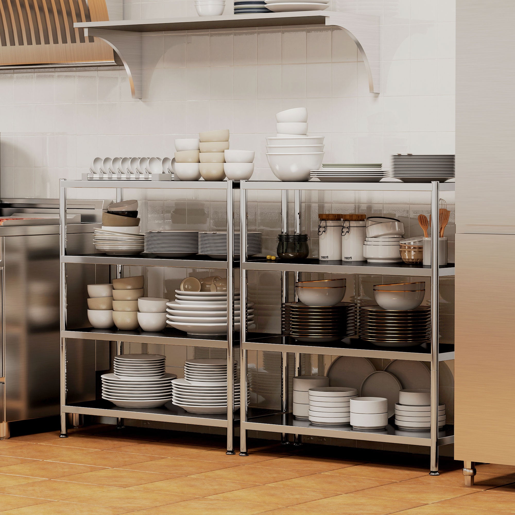 4-Tier Bakers Rack with Storage, Stainless Steel Microwave Stand with Adjustable Shelves for Small Spaces, Kitchen Storage Unit for Spices, Pots and Pans, Silver Tone