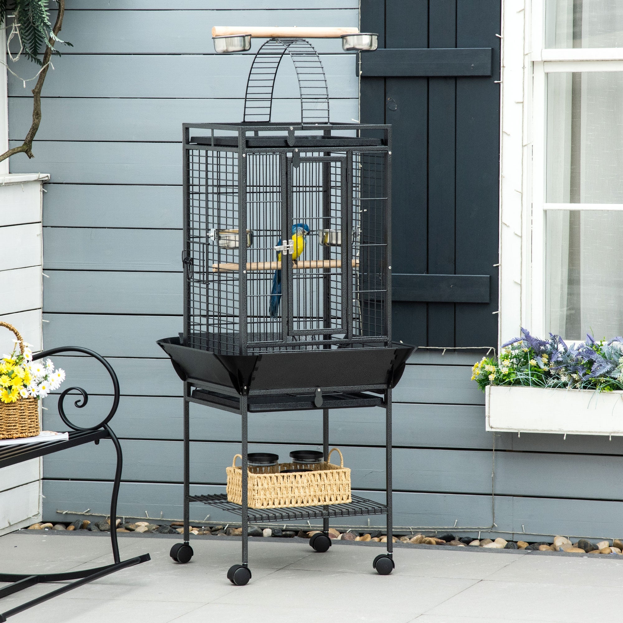 156cm Bird Cage,Large Parrot Cage with Open Play Top, Perch, Seed Guard, Wheels, Storage Shelf, Dark Grey