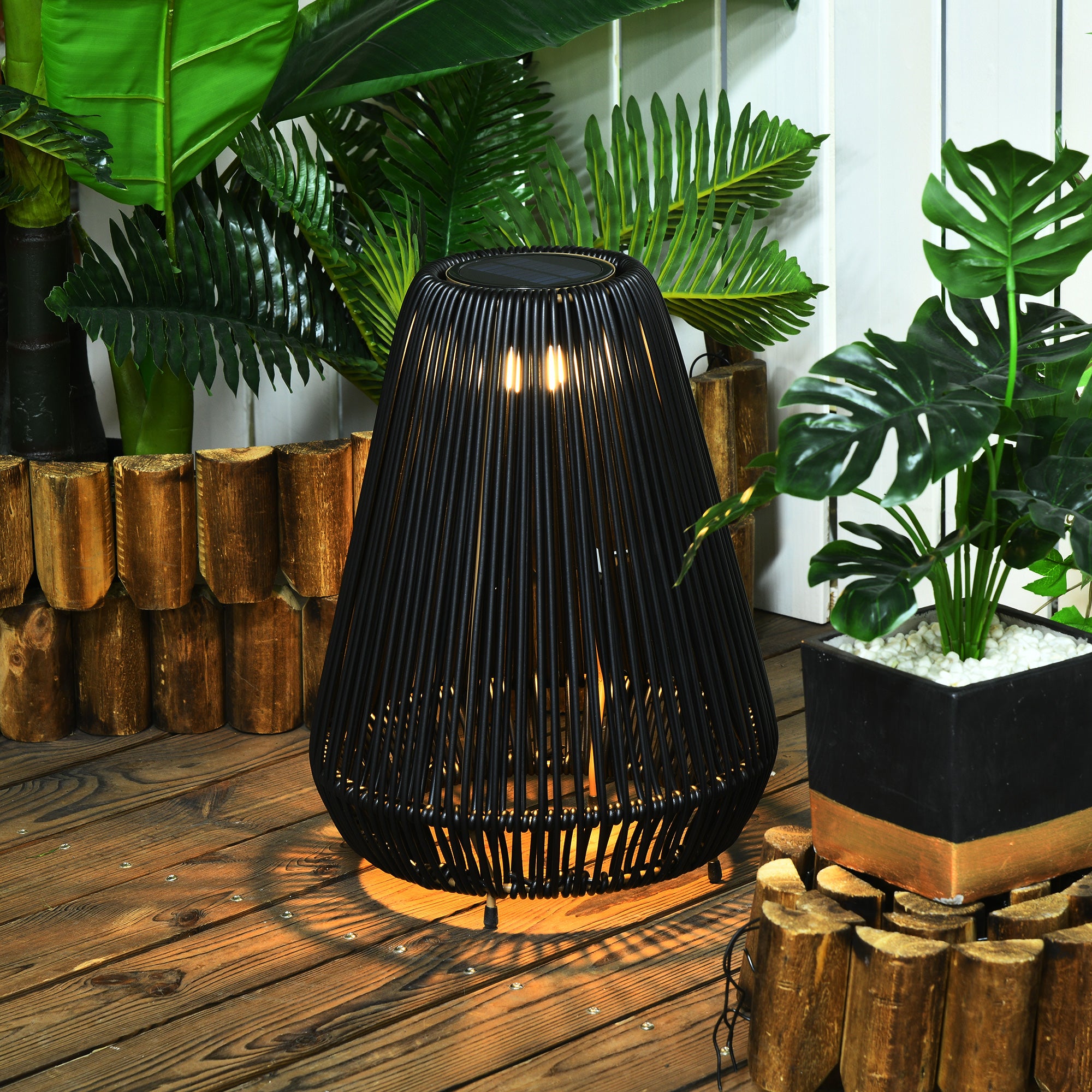 Three-Level Solar Powered Rattan Lamp - Black