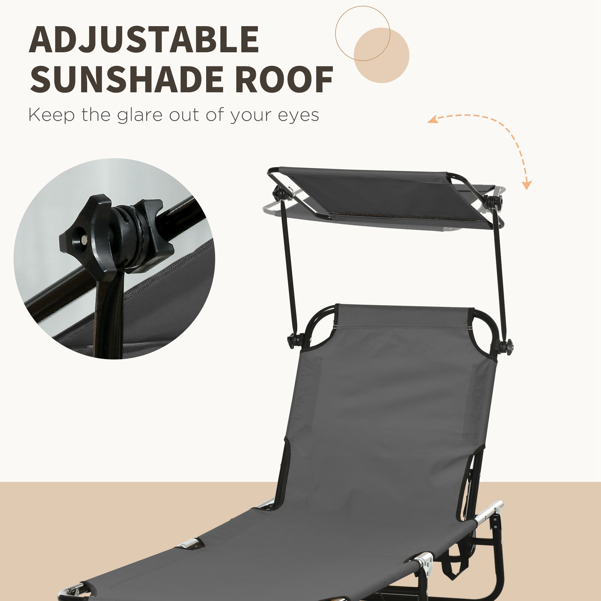 Set of Two Folding Sun Loungers, with Adjustable Backs and Sun Canopies - Grey