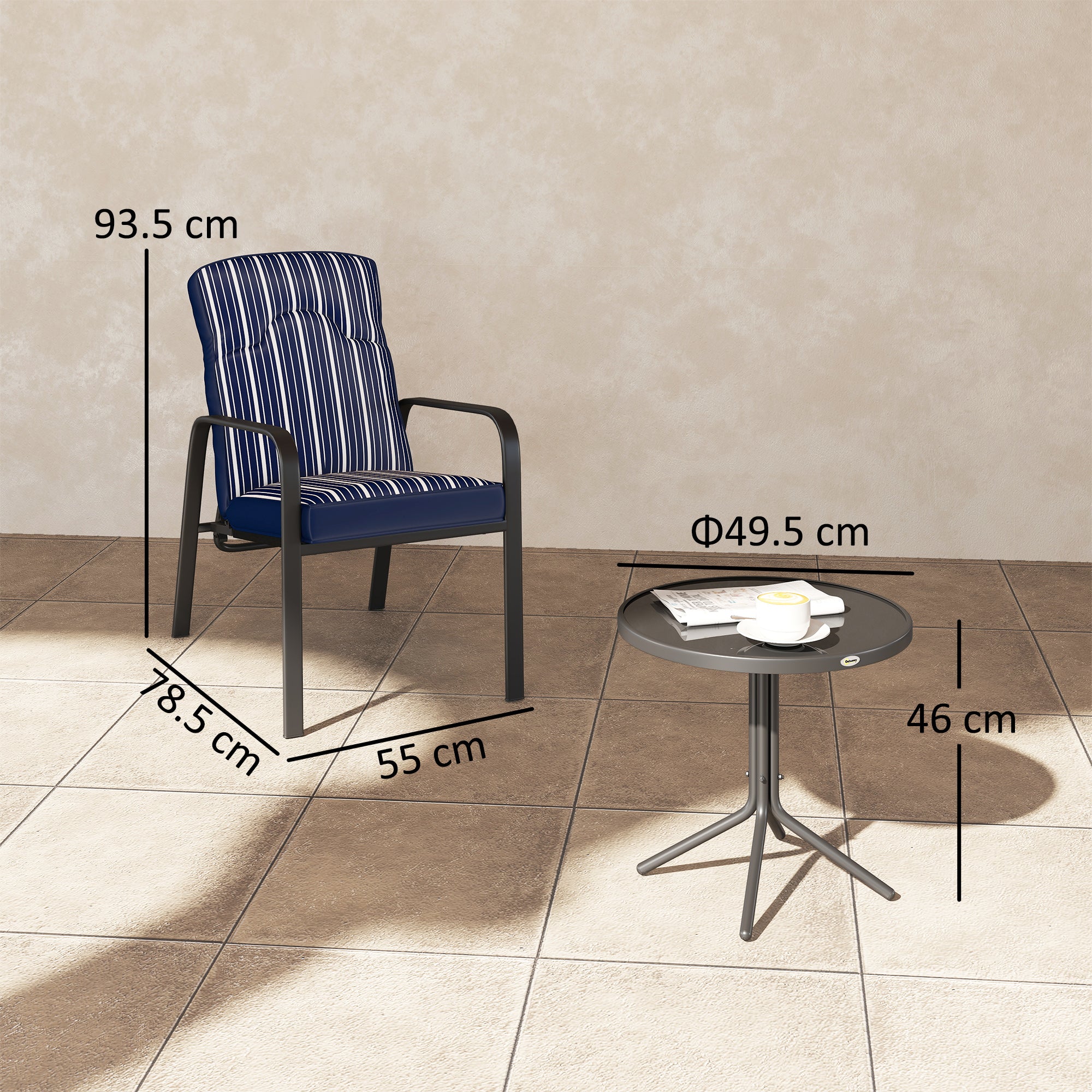 3 Piece Patio Bistro Set with Adjustable Recliner Chairs and Blue Cushions