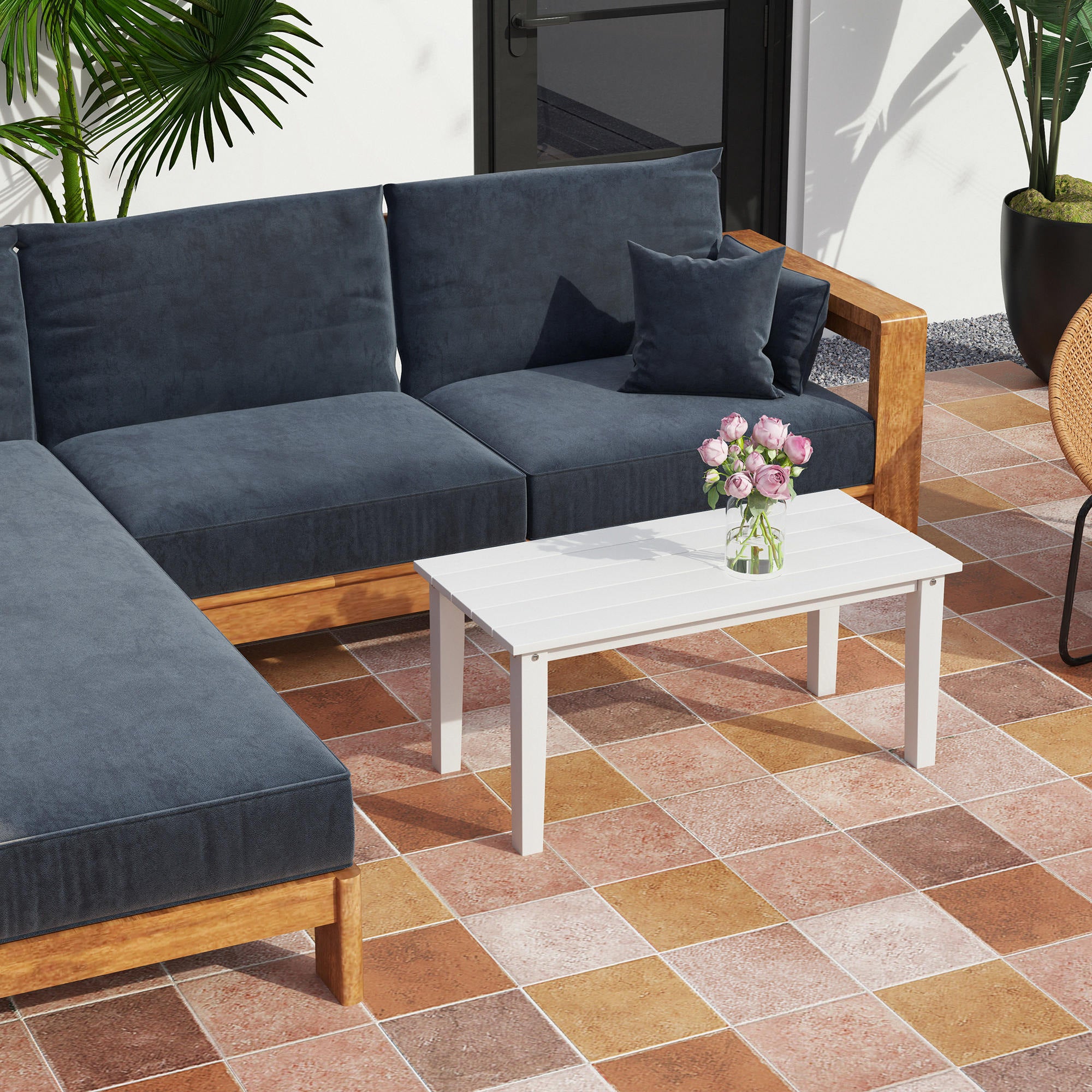 Outdoor Garden Coffee Table, HDPE All-Weather Garden Table, Rectangular Outdoor Table with Slatted Tabletop for Patio, Balcony, 91 x 44 x 42 cm, White