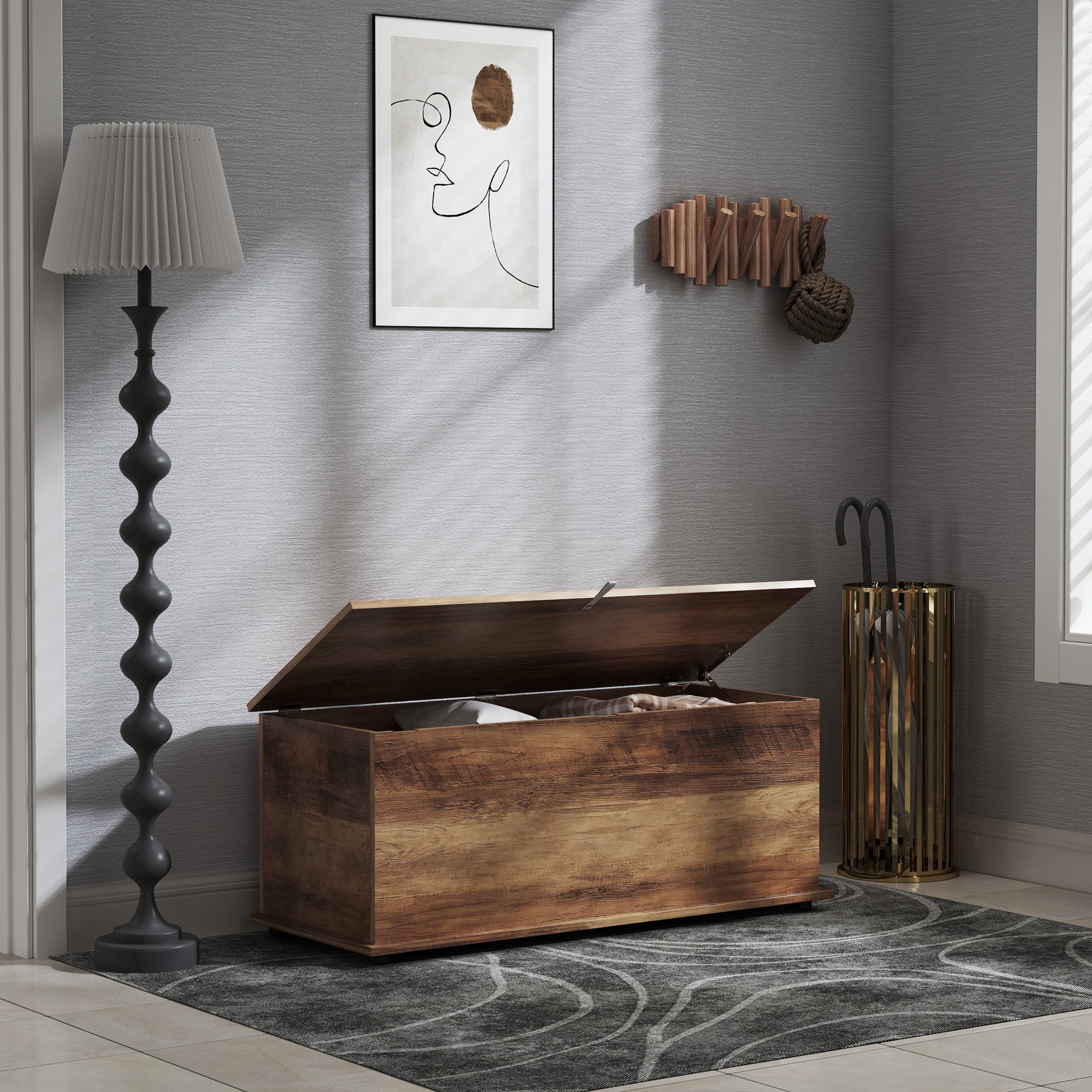 113L Storage Chest with Flip-Top Lid and Safety Hinges, Storage Trunk for Living Room and Entryway - Brown Wood Grain