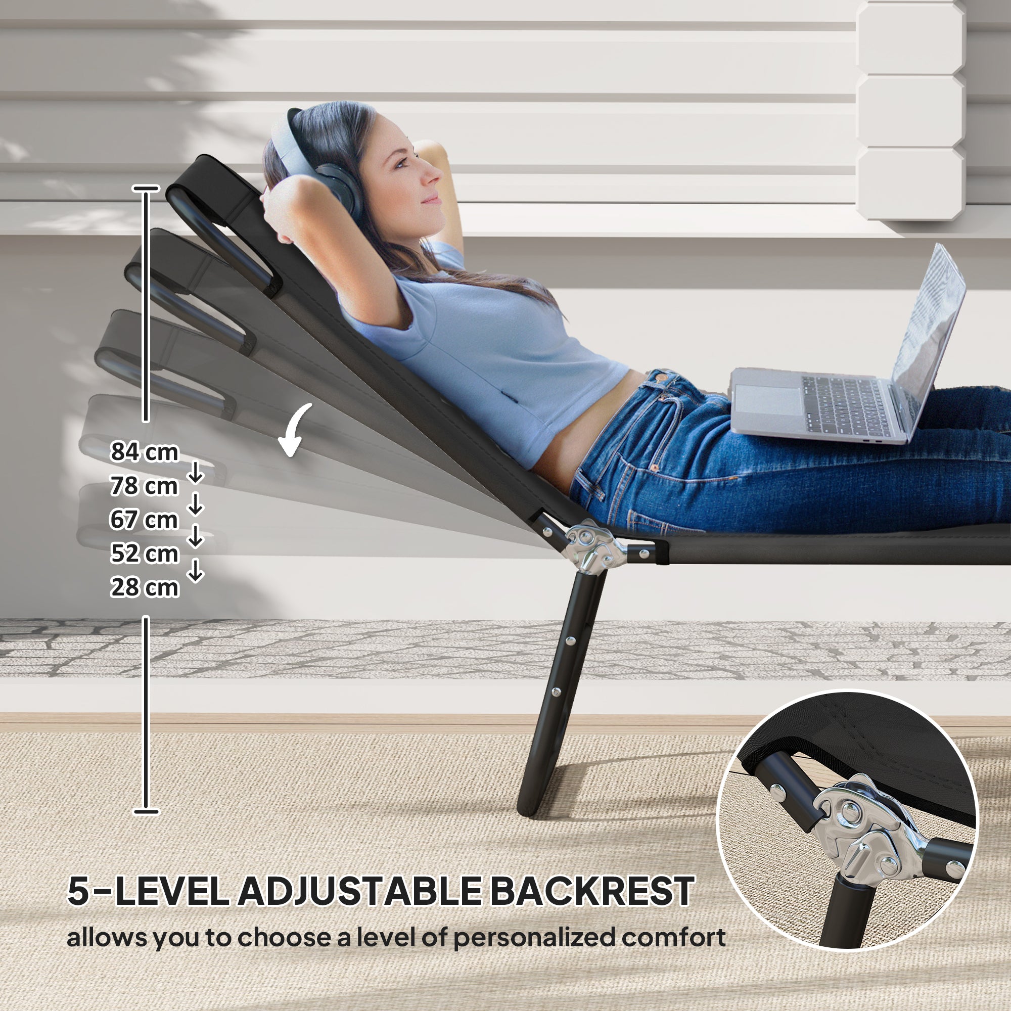 Garden Sun Lounger, with Five-Position Back - Black