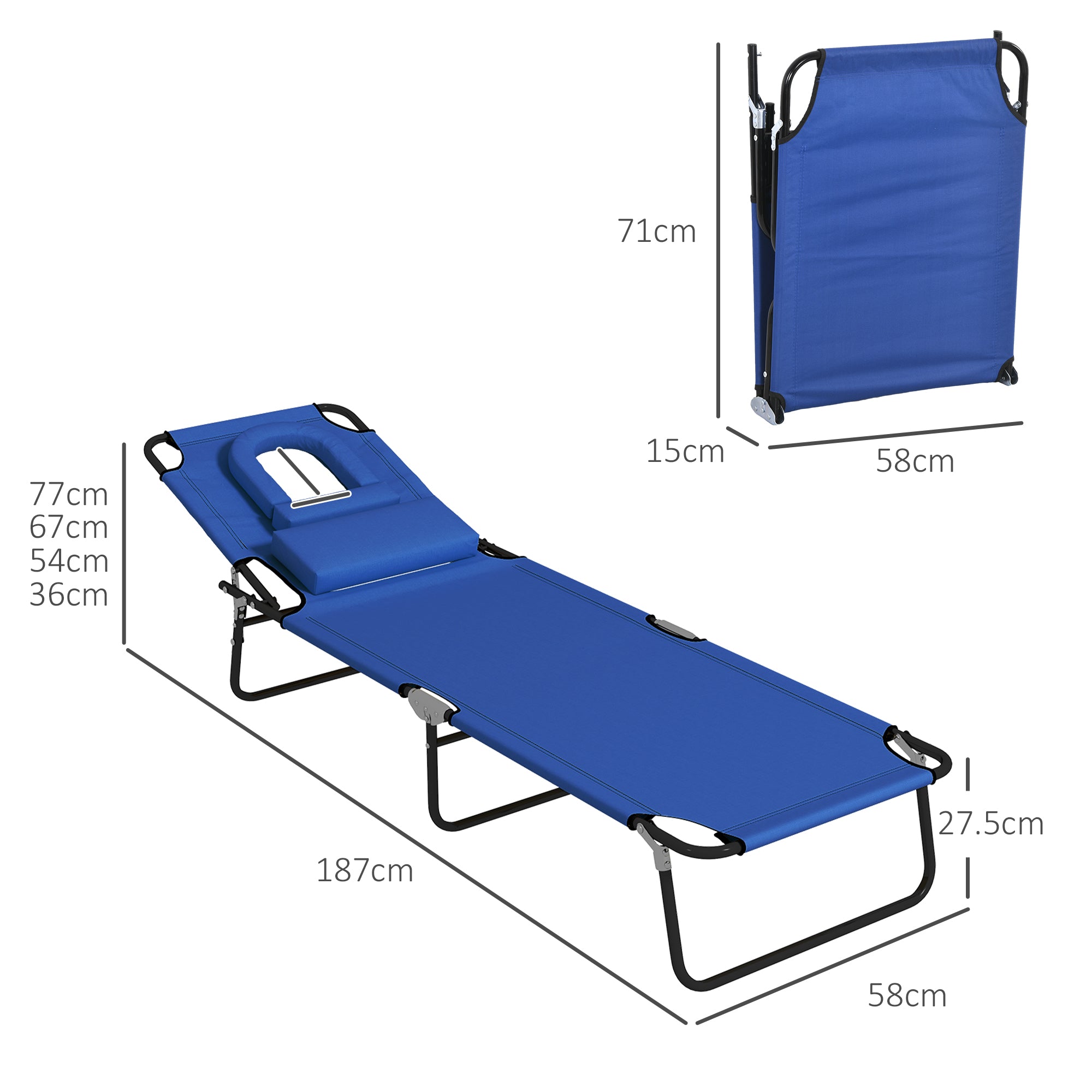 Outdoor Foldable Sun Lounger Set of 2, 4 Level Adjustable Backrest Reclining Sun Lounger Chair with Pillow and Reading Hole, Blue