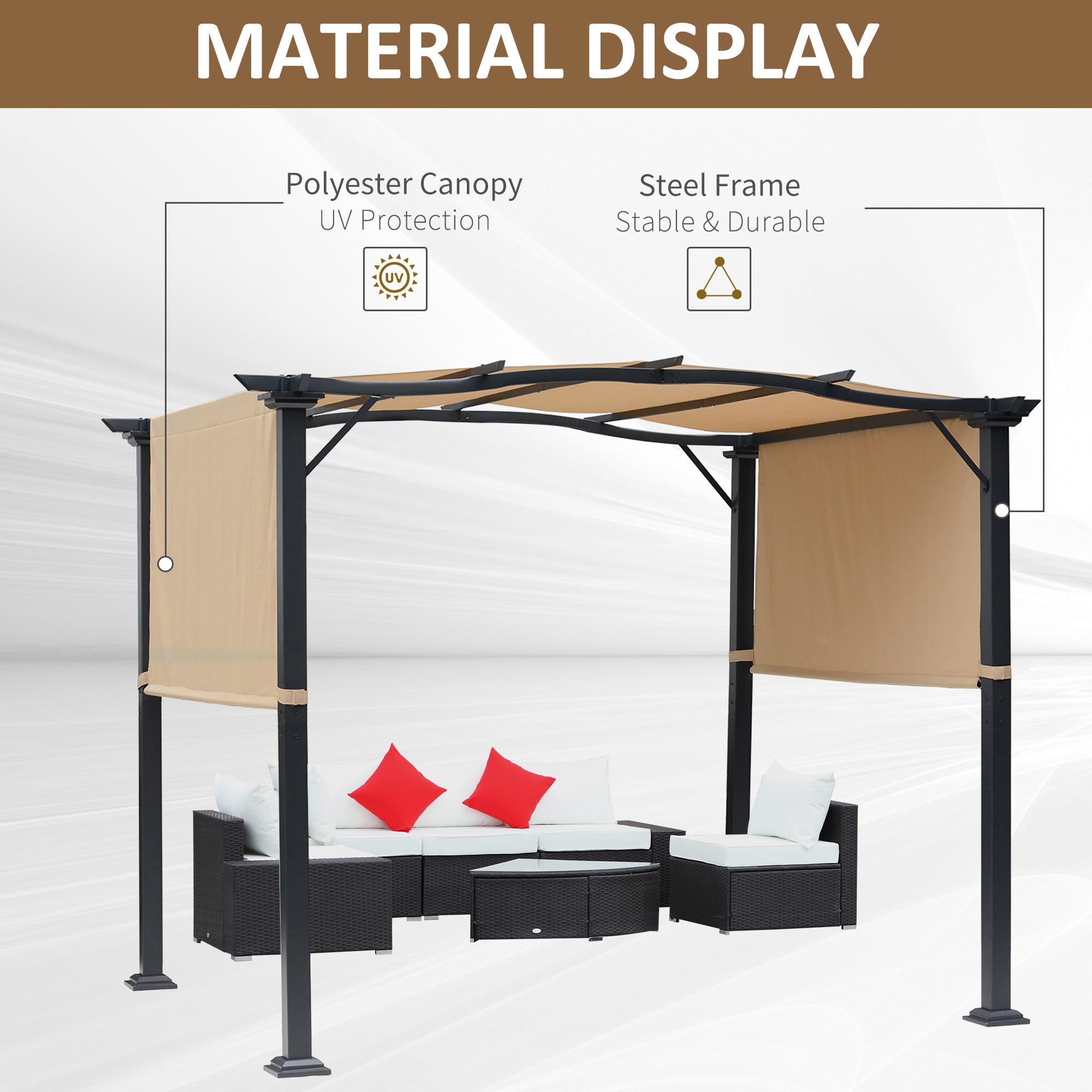 Outdoor Retractable Pergola Garden Gazebo with Two Adjustable Side Canopy Overhead Sun Shade Backyard Canopy Cover, Steel Khaki 2.96x2.45x2.3m