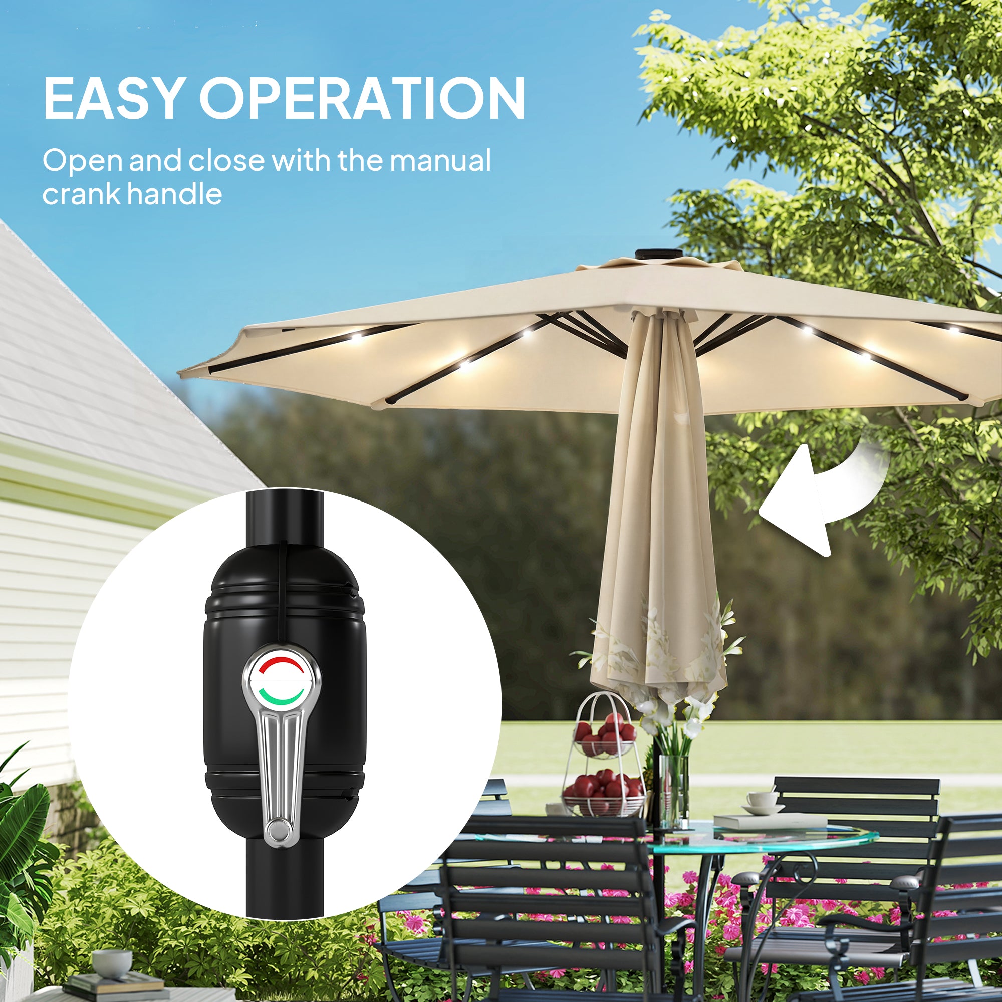 2.6 m Garden Parasol Umbrella with LED Solar Light, Parasol Cover, Outdoor Market Patio Umbrella, Beige