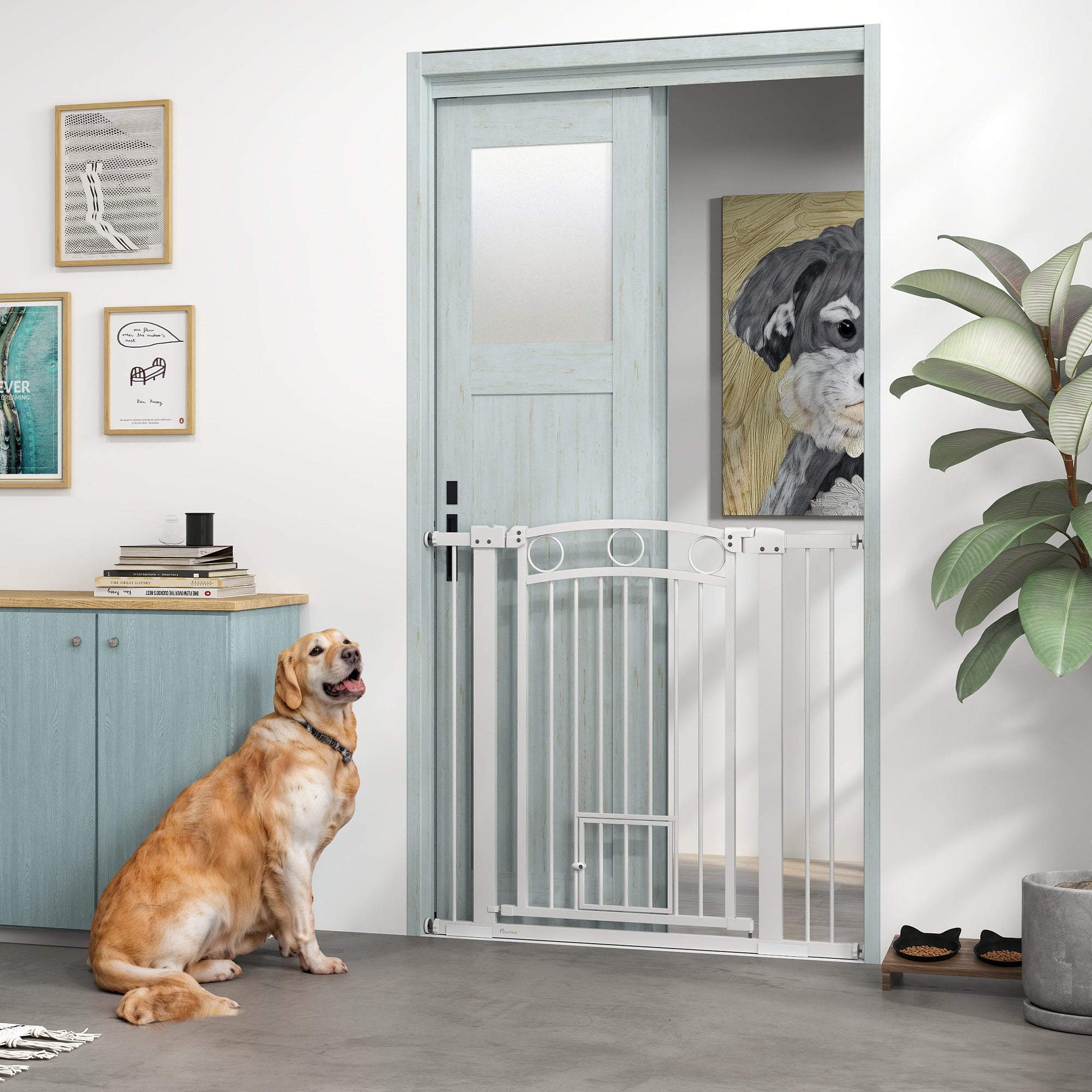 96cm Tall Dog Gate with Cat Door, 7cm and 14cm Extensions, for Stairs & Doorways, 76-104cm Width