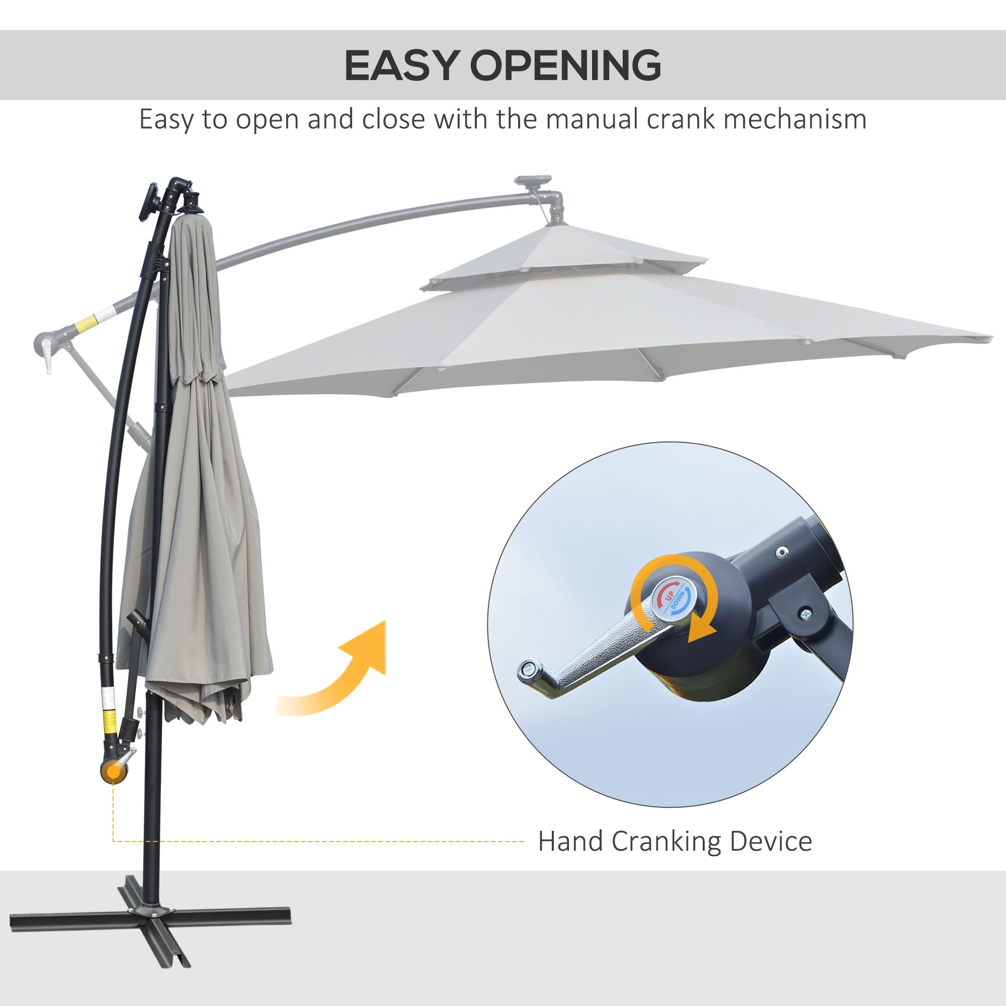 3 Metre Cantilever Banana Parasol with LED Solar Lights and Double Roof - Light Grey