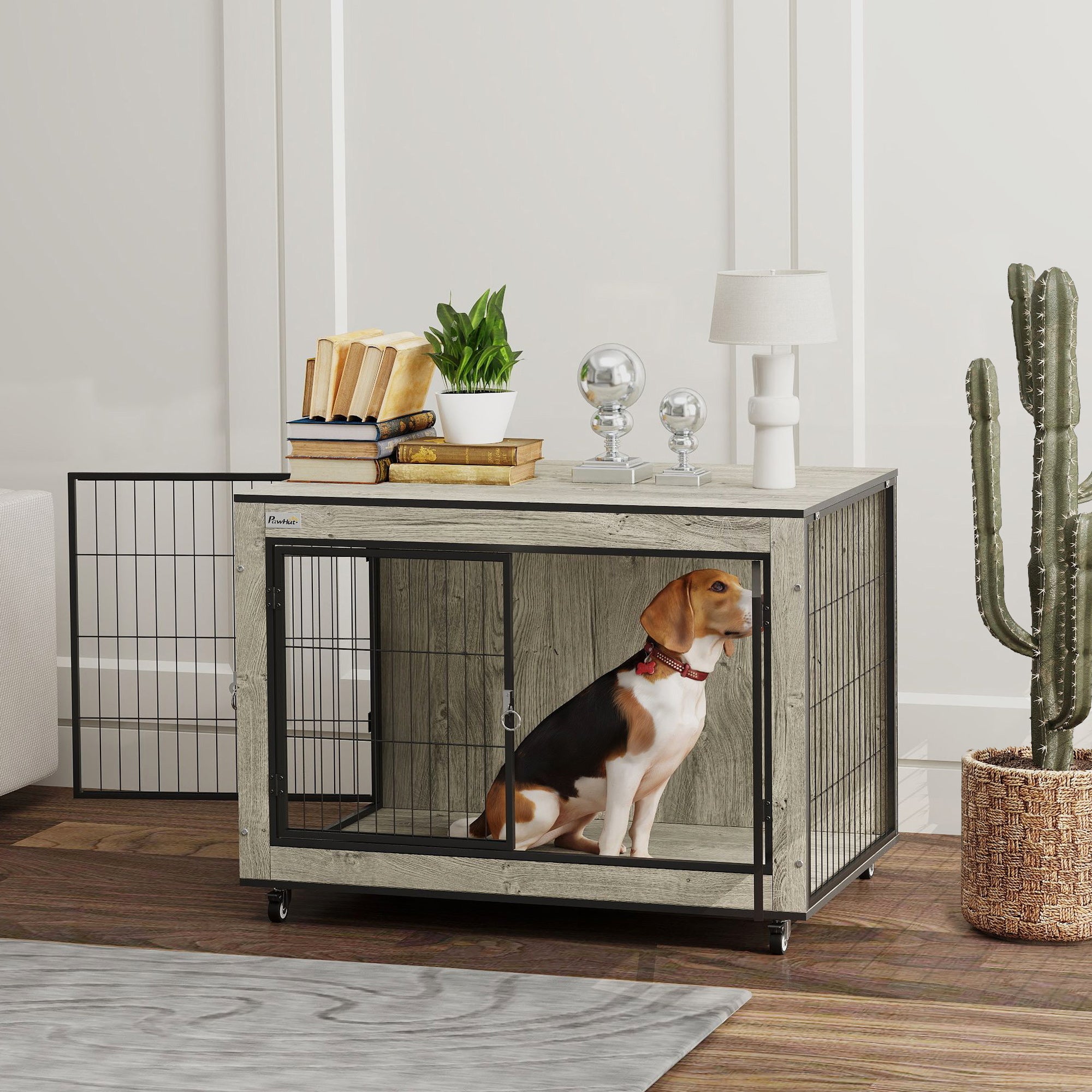 Dog Crate Furniture with Wheels, Double Doors, for Medium Dogs, 80 x 56 x 62.5cm, Grey
