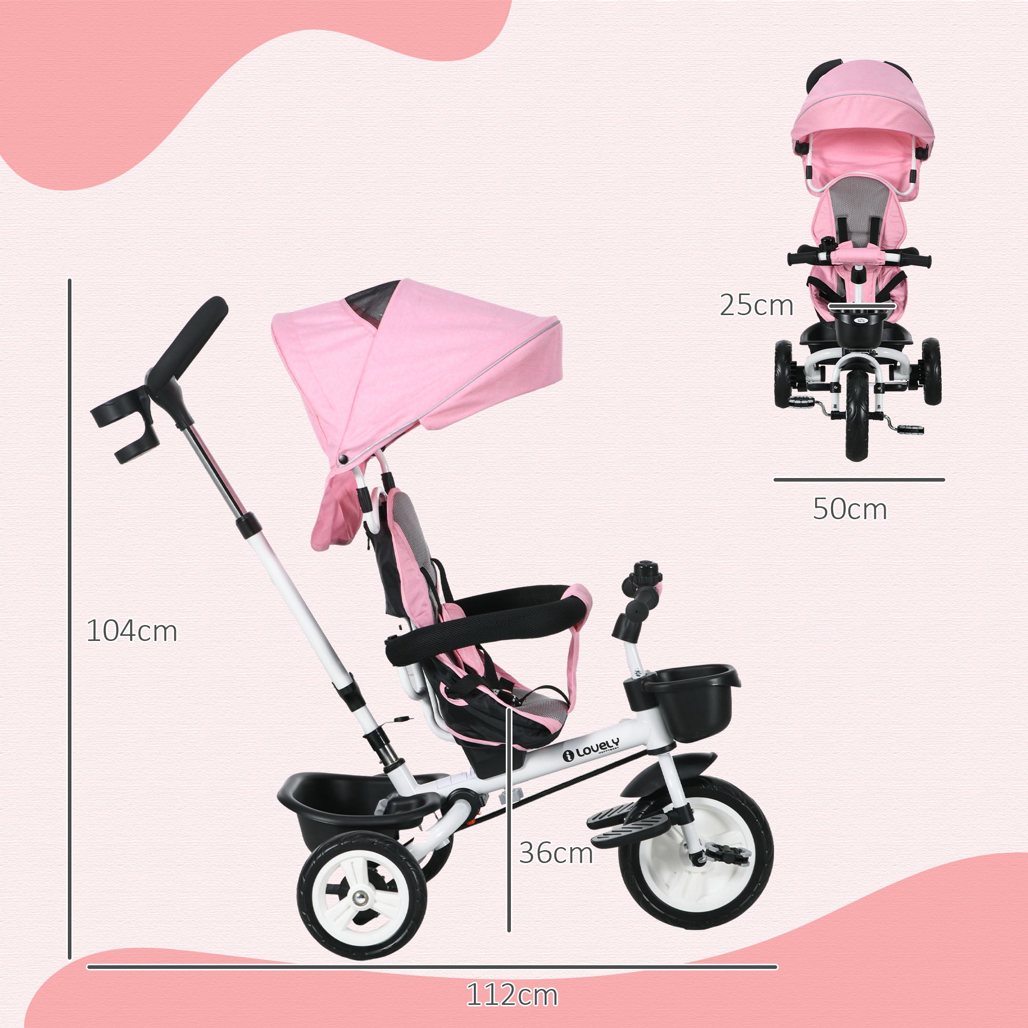 Metal Frame 6 in 1 Baby Push Tricycle with Parent Handle for 1-5 Years Old, Pink