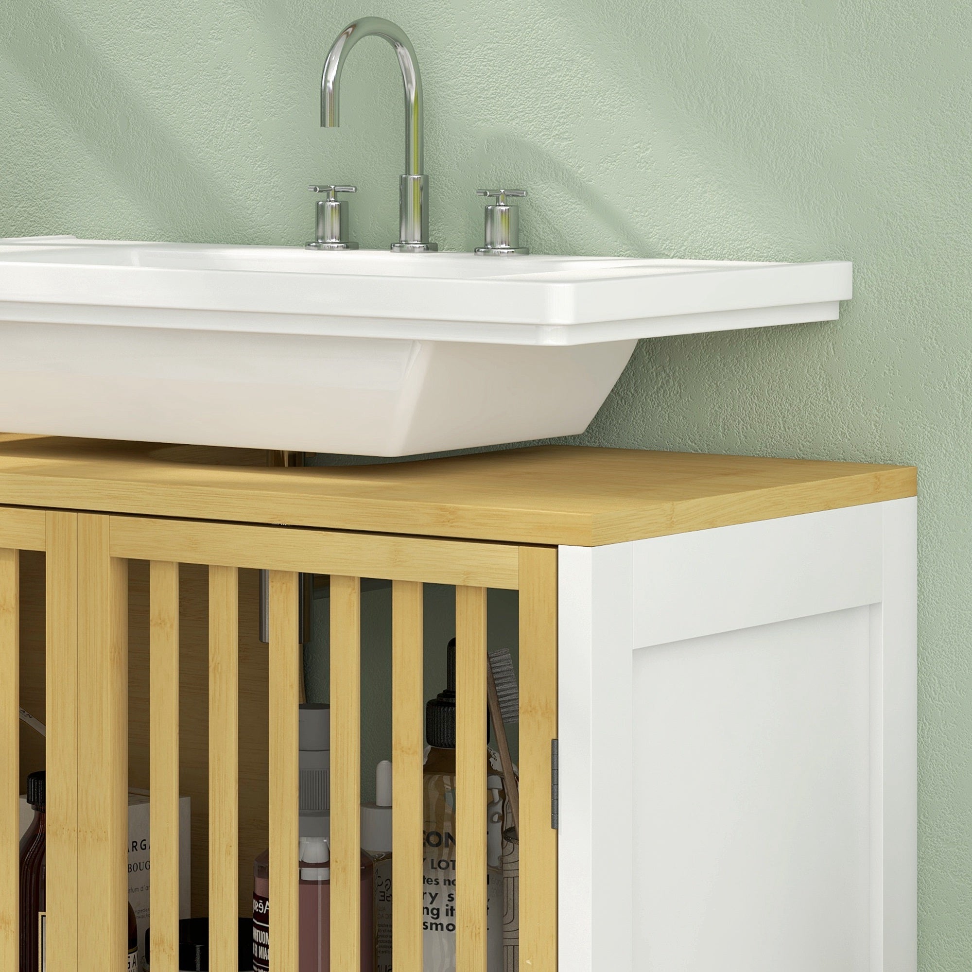Bamboo-Blend Retro Cut-Out Under Sink Cabinet