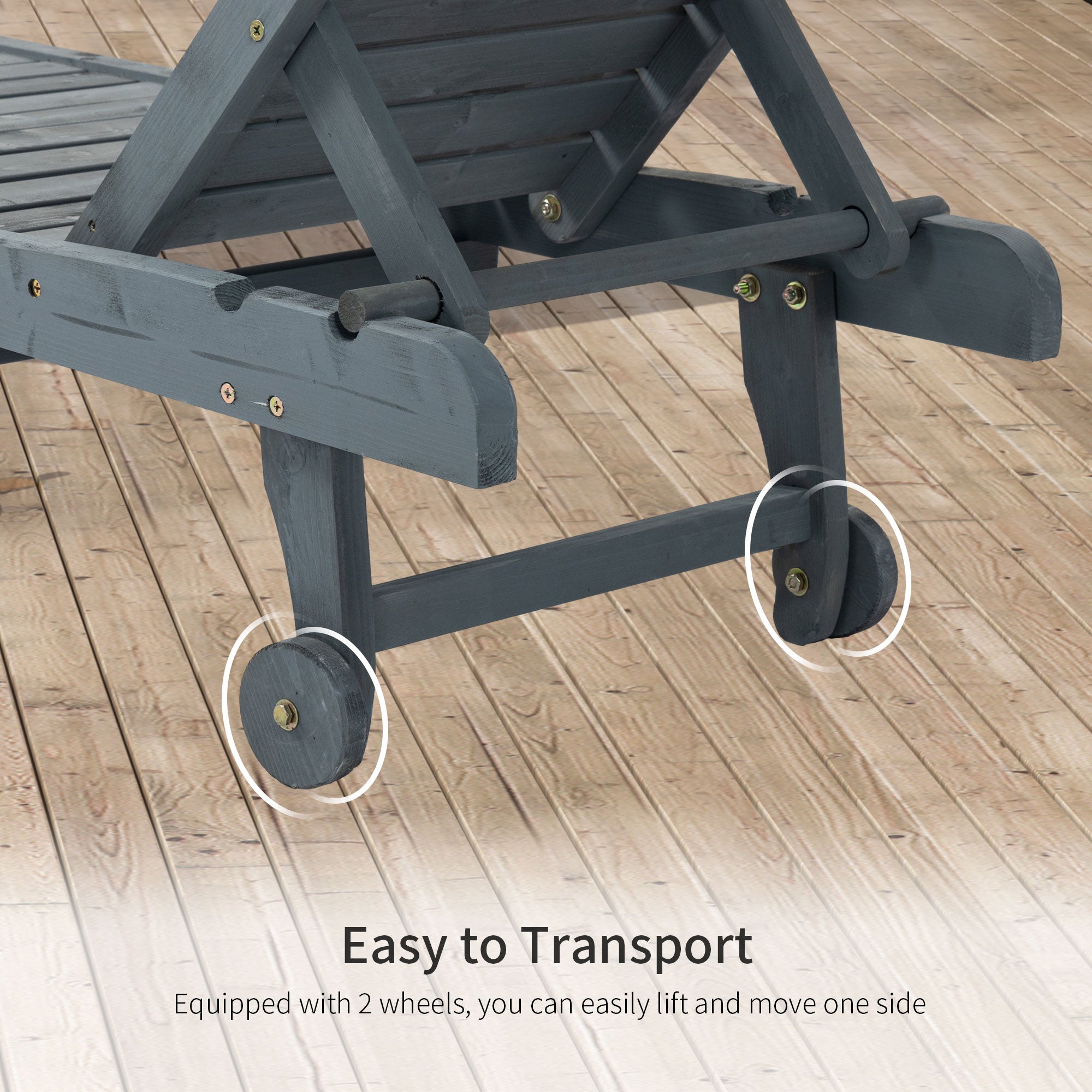 Garden Patio Sun Lounger, Outdoor Wooden Sun Bed with Built-In Table, Reclining Backrest and Rolling Wheels for Sunbathing, Grey