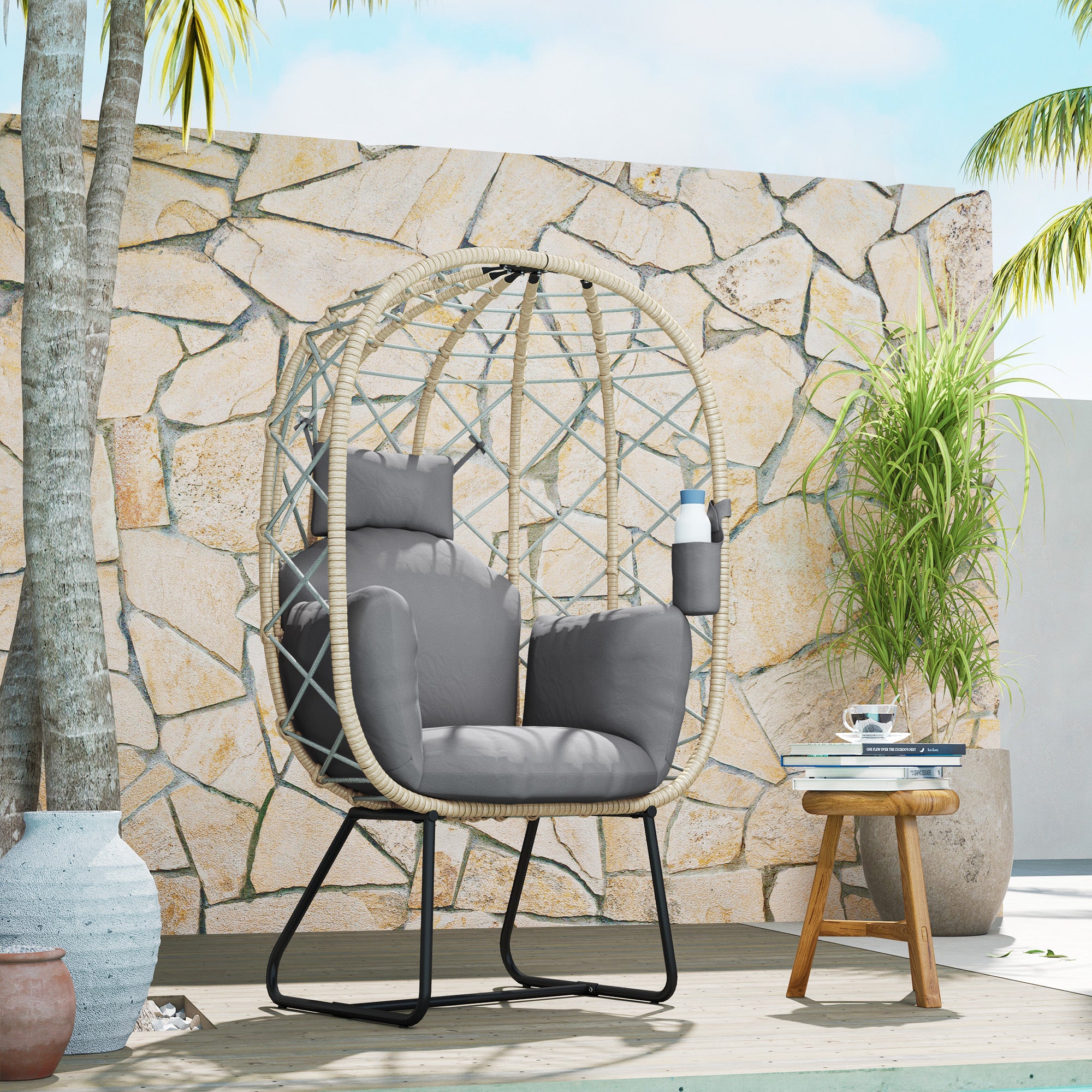 Rattan Egg Chair with Thick Cushion and Headrest Grey